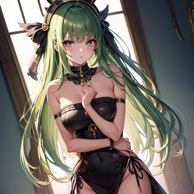 Mobius_(honkai impact 3d), ornament hair, a snake girl, perfectly body, perfectly hands, wave hair, light green hair, long hair, maid, maid dress, maid headdress, maid apron, garden, temple, shrine, outside, Chinese festival scenery, gold lantern, Chinese lantern, fireworks, black dress, skirt, more details on her clothes, black dress, golden details, night, smiling, ((4k, masterpiece, top-quality)),8k, best quality, high resolution, HD, (illustration:0.8), super cute girl, delicate and beautiful face, 1girl, solo, mature girl, super cute hairstyle, (beautiful detailed eyes:1.6), extremely detailed face, perfect lighting, extremely detailed CG, (perfect hands, perfect anatomy), Best quality, cleavage, skirt, full Body,