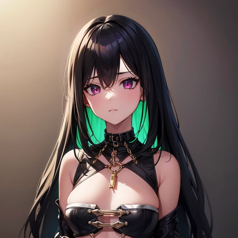 Chica alta Body con cadenas vistosas. Collar de cadenas con candado vestida de negro ella la colorada de ojos verdes se prepara para su amo ella la esclava de su amado