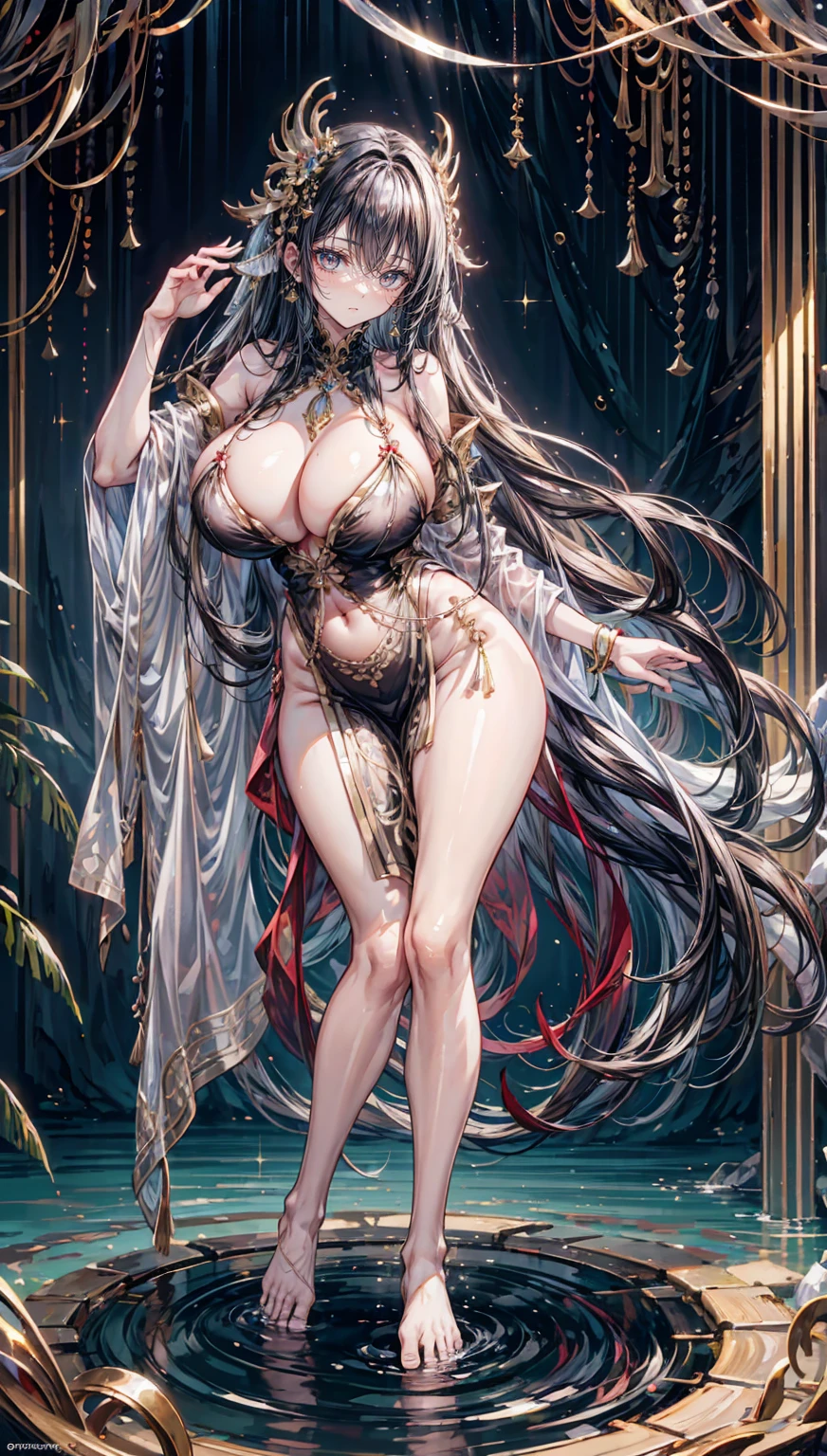 huge breasts,Wearing gold and silver jewelry,bare feet,Brown skin,Southeast Asian girl,with black curled hair,Southeast Asian decorations,Southeast Asian peopleull body like,standing,Black colored eyes, rained heavily,pond side,grimy