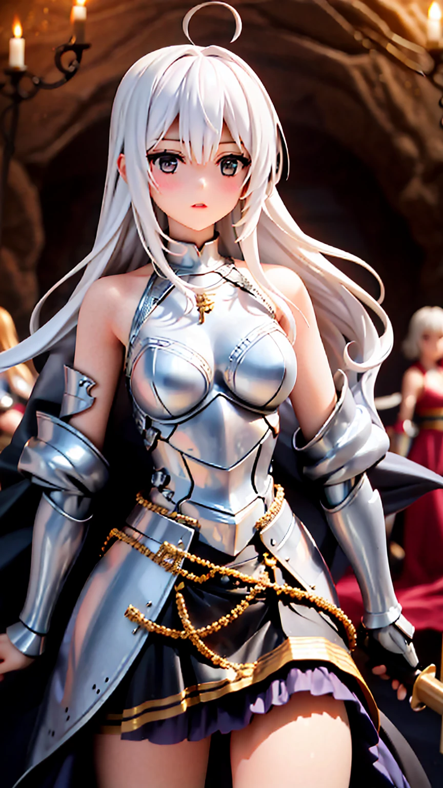 A group of  female knights, (in cave), various hair styles, harem, wearing armored clothes, metal armor, night, details face, short skirt, seducing, sword, sleeveless 