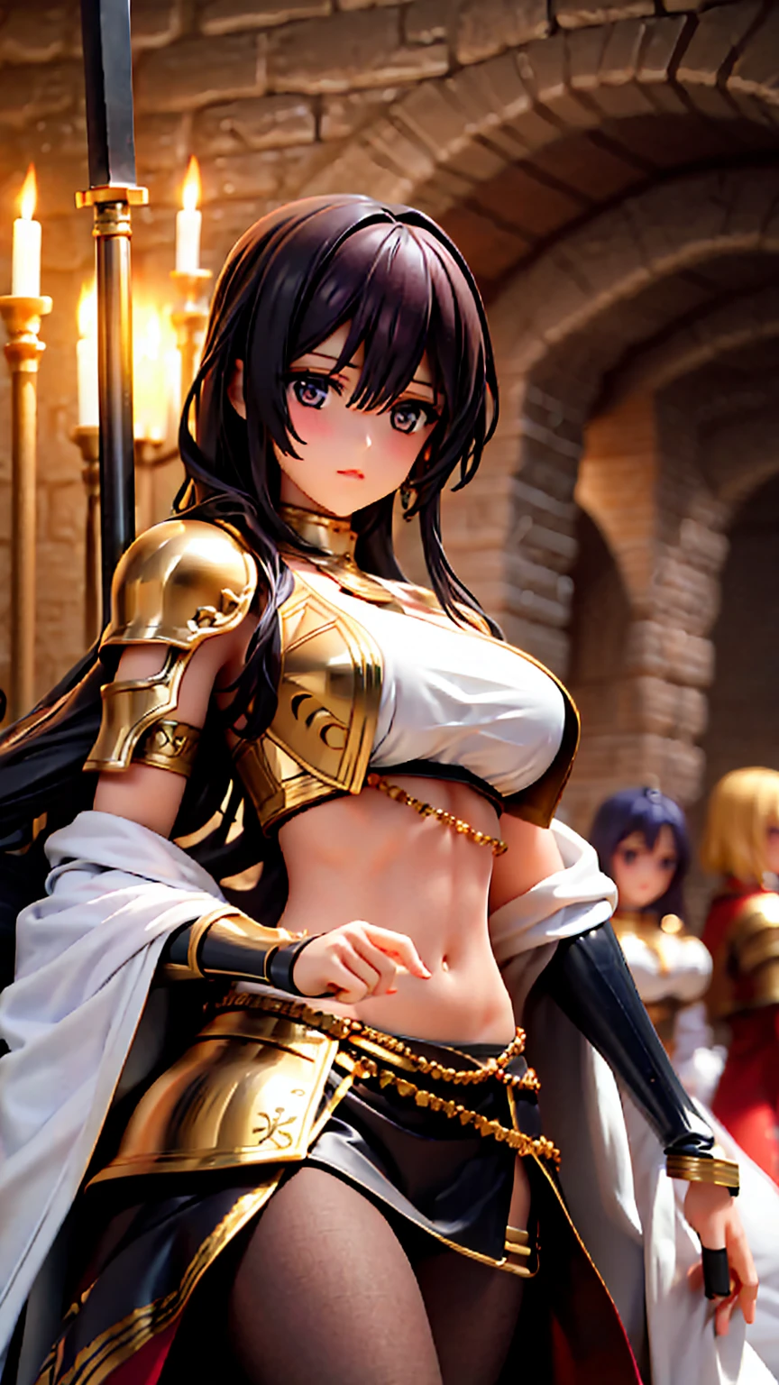 A group of  female knights, (in cave), various hair styles, harem, wearing armored clothes, metal armor, night, details face, short skirt, seducing, sword, sleeveless 