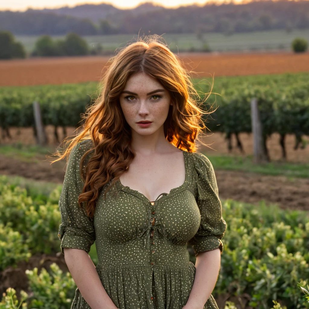 Luma is a elegant person, she is beautiful And have a strong posture, she has breasts that have a voluminous proportion, a pear feminine silhouette, Auburn hair, long Auburn hair, She has expressive eyes, ( Only eyes olive green) Her skin is fair and she has some light freckles on her cheek bones, busty, Farm, Brown rustic clothes, boho clothes, farm boho fashion clothes, romantic vibes, fire lights, fire sparkles, flowers clothes the hair to be half straight and half with curled ends cartoon