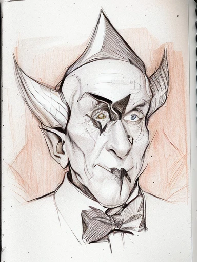 drawing of a man with horns and a bow tie, portrait of a goblin, pointed face, inspired by Allen Jones, dapper dream demon, pencil doodle, medium portrait of a goblin, inspired by Oskar Schlemmer, with pointy ears, portrait of a squid wizard, inspired by Steve Ditko, aleister crowley, found doodled in a sketchbook