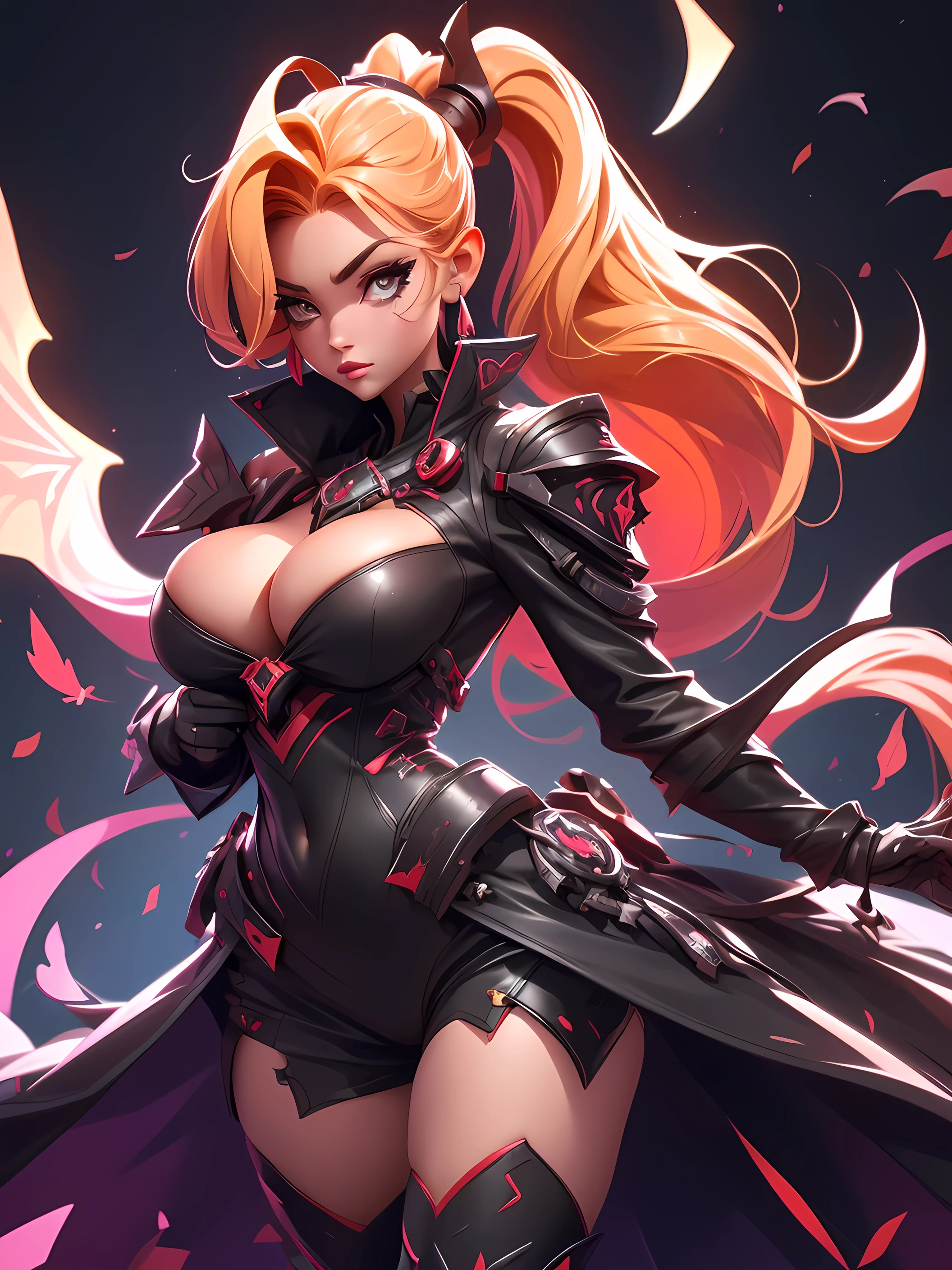 (best quality), (8K resolution),detailed, woman, game dress, demonic outfit, ((big breast), long ponytail hair, Accessories, (vector), full body