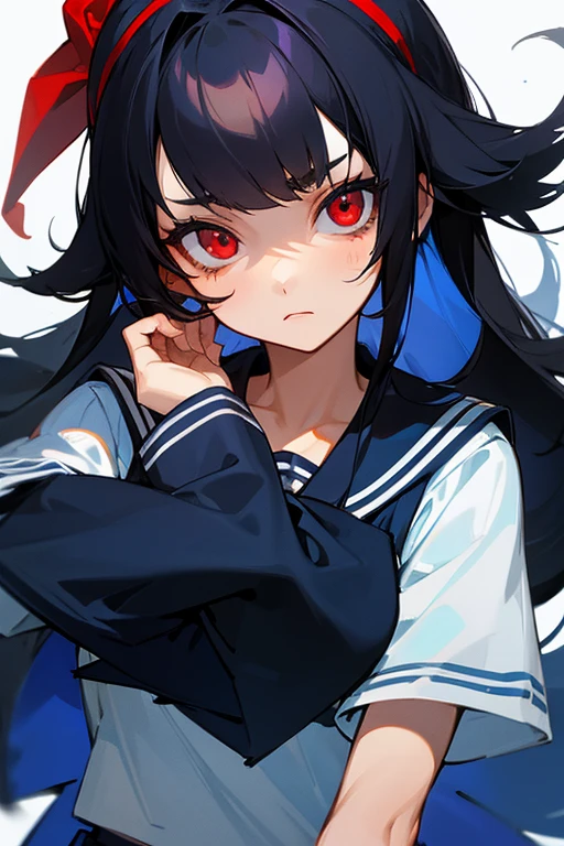 A girl with black hair and red eyes in a blue sailor uniform looks a little unsure of herself.