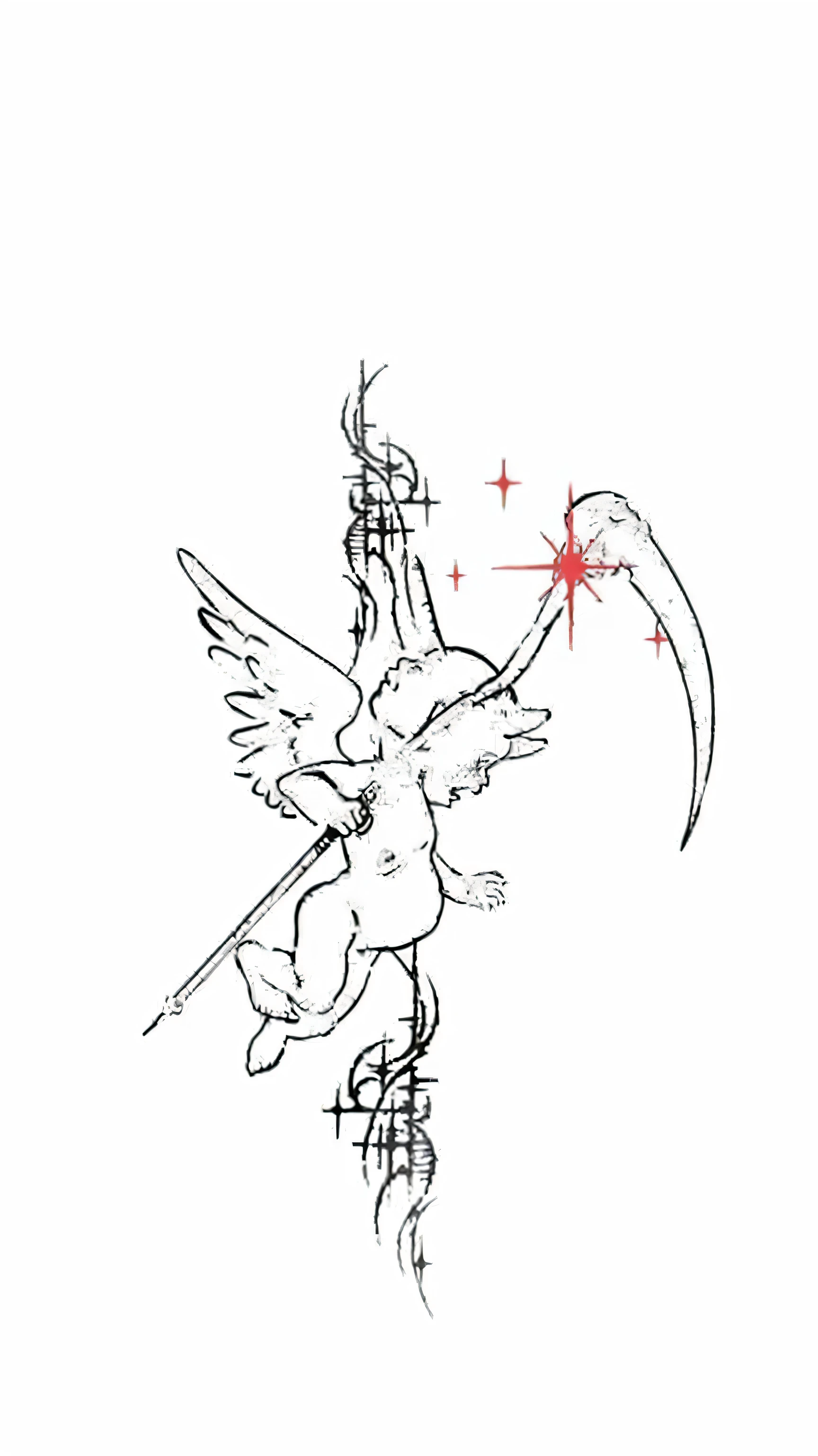 um desenho de uma pessoa com uma foice e uma foice, the angel of death with a halo, tatuagens de desenho de linha, concept desenho de tatuagem, desenho de tatuagem sketch, desenho de tatuagem, medium size tattoo design, com tema de anjo, altamente acurado, tattoo sketches, um anjo, by Pogus Caesar, inspired by Shūbun Tenshō, lineart de tinta extremamente fina