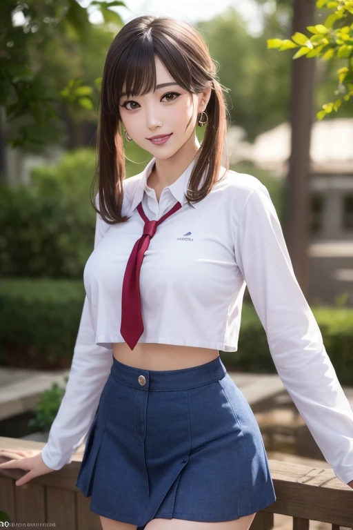 kujikawadef,twintails,,black serafuku,long sleeves,skirt,thighhighs,jewelry,earrings,standing,
best quality, highly detailed, masterpiece, absurdres,8k, photorealistic, realistic,detailed skin texture,detailed pupils,HDR,natural lighting,
1girl,solo,(happy:1.1),(smile:1.2),shorthair,brown hair,(angular face:1.2),shiny face,large breasts, narrow waist, lip makeup,