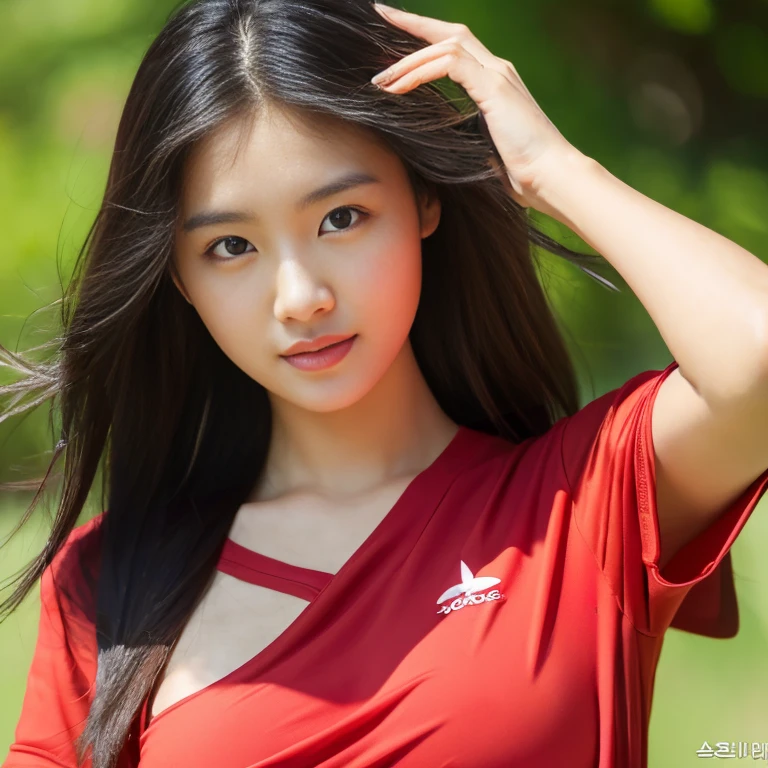 (8ก, best quality:1.2), (Masterpiece:1.37), (photograph, Photo taken with Fuji and Kodak 45 resolution cameras..,000,000 chilli cells, (Ultra high resolution), 1 woman, The face is bright and clear., araffed asian woman in red shirt and black shorts with luggage, Wear a volleyball shirt., red shirt, Open V-chest shirt, red sports clothes, wearing a swimsuit, wear red dress, Wear a two-piece swimsuit., Hot with bright sunlight, red clothes, Black and Red only, Red dress, beautiful south korean women, Wear a tight shirt., Gorgeous Korean young woman in red shirt, big breasts, Tight skin, long hair., Multi-layered protection, hair blowing in the wind,The evening sun shone brightly and was surreally beautiful..