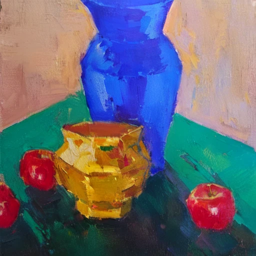painting of a blue vase and apples on a green table, inspired by Cézanne, still life painting, inspired by André Derain, inspired by Paul Cézanne, inspired by Andre Derain, inspired by Paul Cezanne, intermediate art, inspired by Tarsila do Amaral, inspired by Jean Dufy, still life, inspired by Dieric Bouts