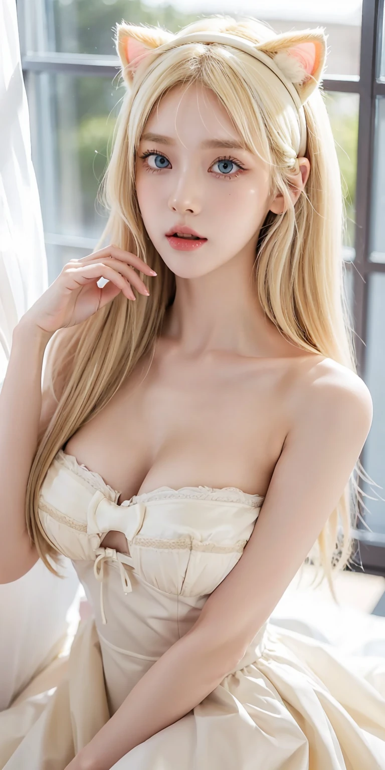 (best quality), (masterpiece), (realistic),dressed up as a catgirl, wearing a pink and white frilly dress,collar with bell, cat ear hairband , paw gloves, posing cutely, big expressive eyes with slit pupils,beautiful eyes,(gigantic breasts:1.2),(light blonde:1.4),(face close up:1.2),(light bright eyes),soft light, window,glossy lips,(slightly open mouth),tilted head, provoacative dress full body viw