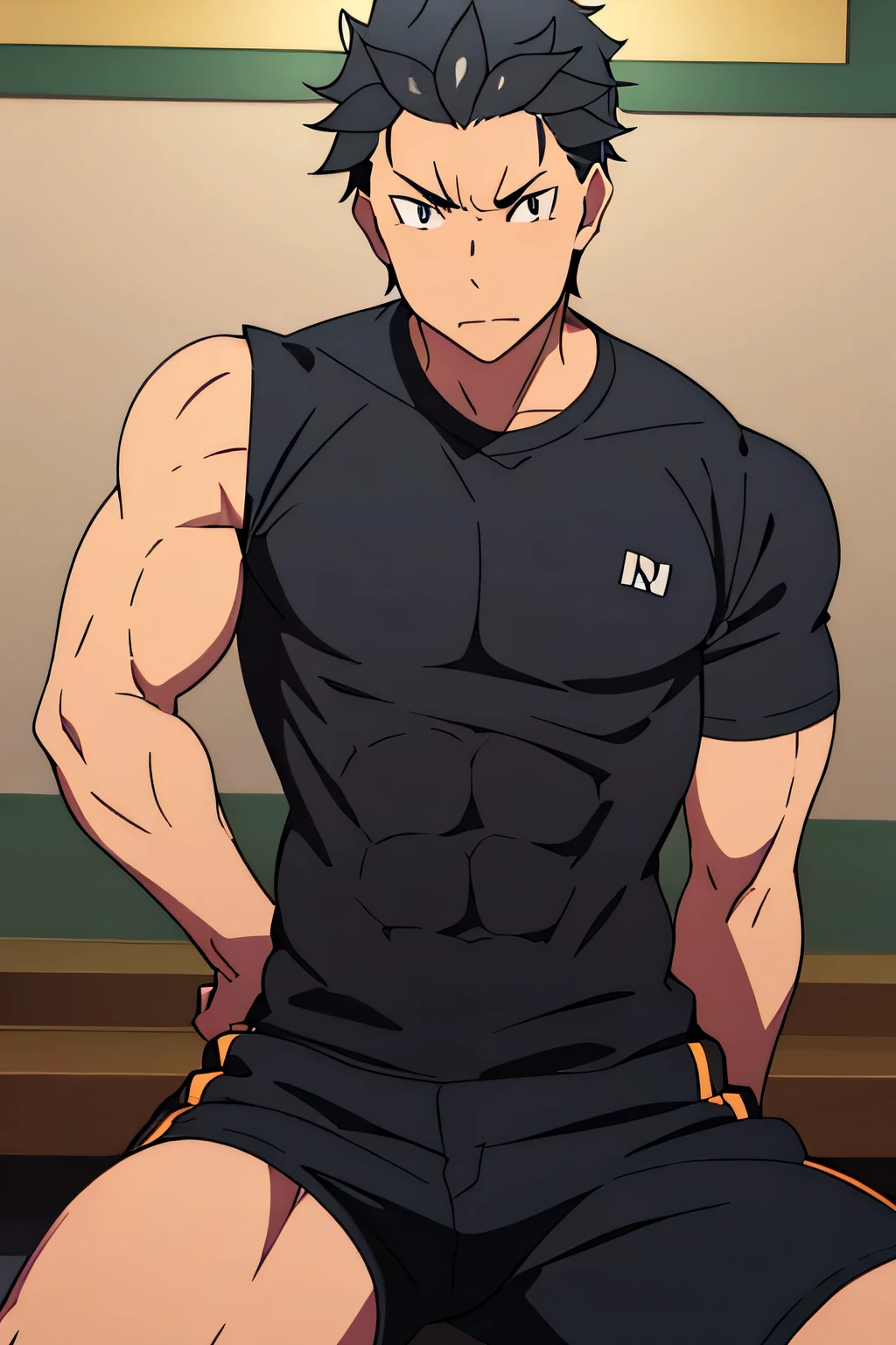 Subaru is sitting and flexing his biceps. He wears black shorts. You can see his thighs. He looks stoic and serious. He has bulging veins on his arms. He wears a black tshirt with short sleeves. His sleeve is completely rolled up so you can see his entire arm and shoulder. He is showing his abs too