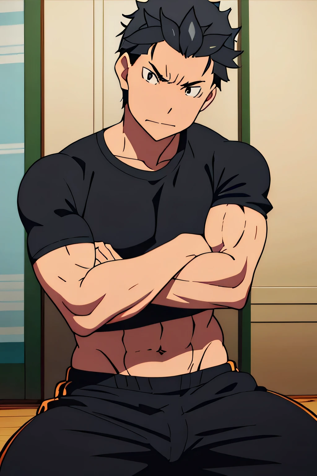 Subaru is sitting and flexing his biceps. He wears black shorts. You can see his thighs. He looks stoic and serious. He has bulging veins on his arms. He wears a black tshirt with short sleeves. His sleeve is completely rolled up so you can see his entire arm and shoulder. He is showing his abs too