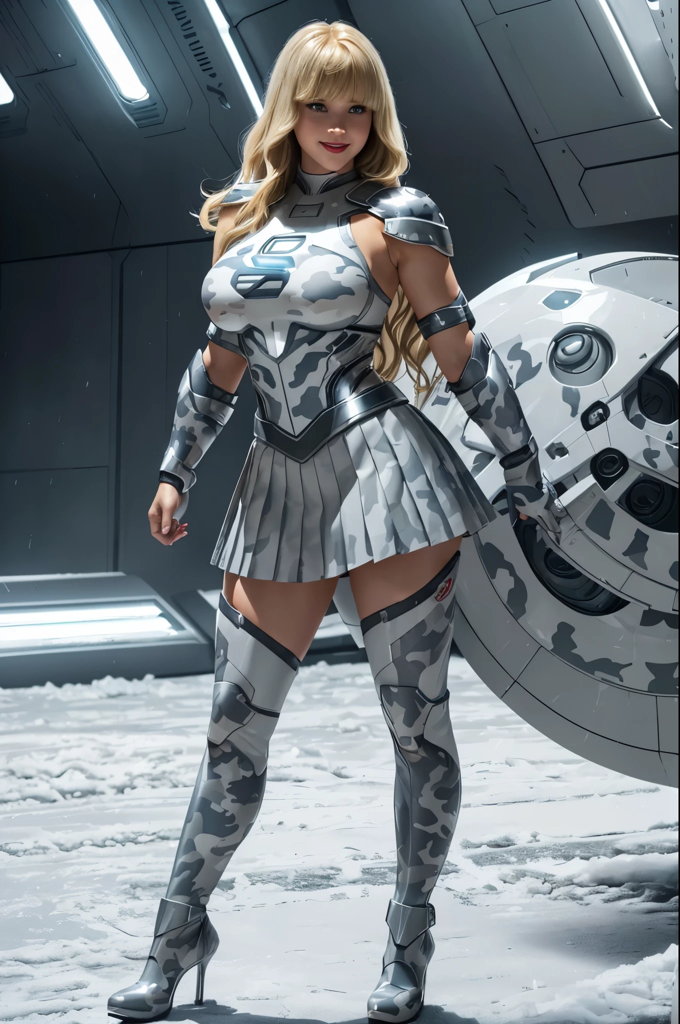 Supergirl, 29 years old, (((1girl))) ((( SelenaGomez:Jennifer Lawrence:0.7))), Beautiful woman (((shoulder length wavy blonde hair)))(bangs:1.2) defined body, Red lipstick, smiling slightly, hands free, standing, (( white, light grey, dark grey camouflage futuristic armor with matching heels, with pleated skirt)), snow covered field, daytime (huge_breasts:1.3) (curvy:1.1)(chubby:1.1)