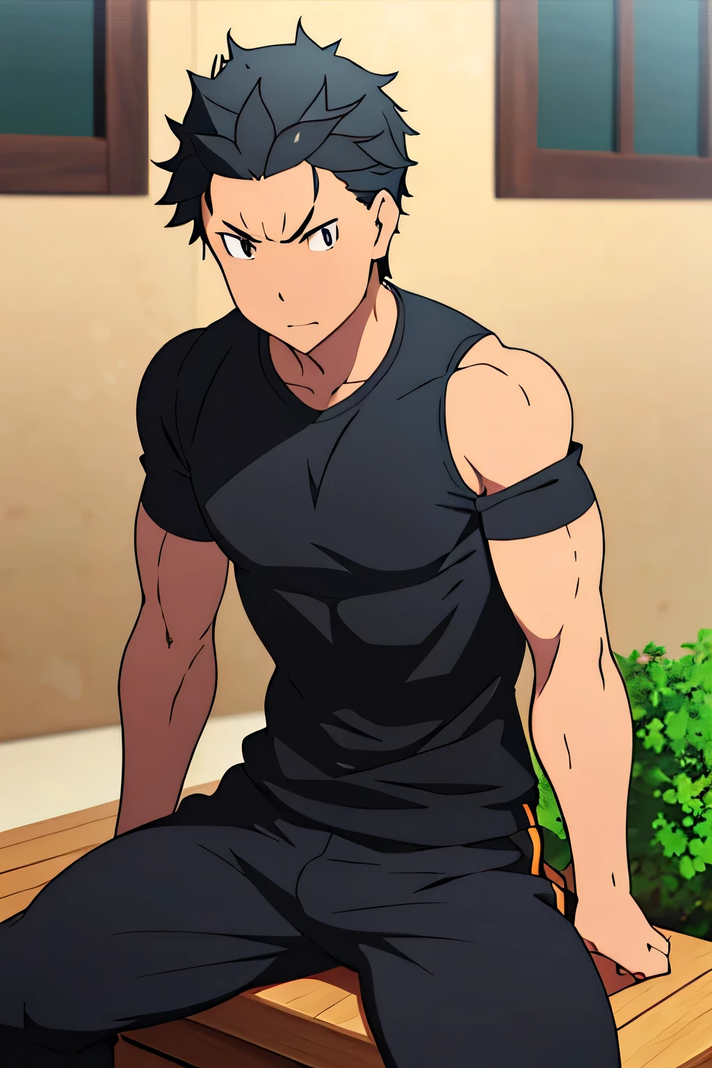 Subaru is sitting and flexing his biceps. He wears black shorts. You can see his thighs. He looks stoic and serious. He has bulging veins on his arms. He wears a black tshirt with short sleeves. His sleeve is completely rolled up so you can see his entire arm and shoulder. He is showing his abs too