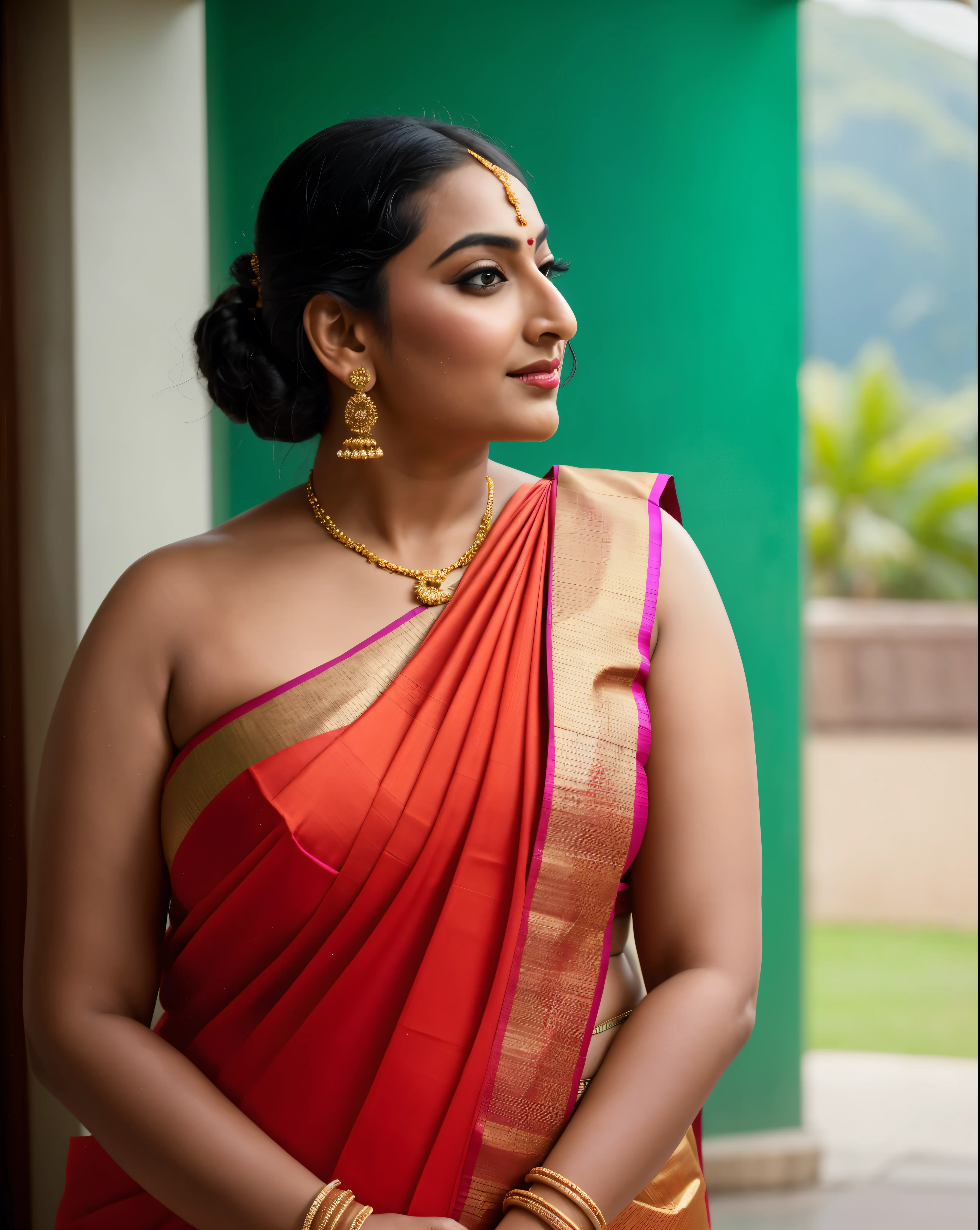 Foto RAW, photorealistic, photography, full body shot, master shot, perfect eyes, goddess like beauty, pierced eyes, perfect thick chubby mallu Desi aunty bhabhi, Wearing a Stanapatta, a chest-band.Saree model, model Photography, Indian saree shoot, Indian traditional wear advertising photography, traditional wear brand shoot, face of Indian actress Sonakshi Sinha, masterpiece, realistic, realism, incredible details, pleasure, photorealism, detailed skin, skin pores, high contrast, photorealistic Artstation 8k HD digital art trend of high definition and detailed realistic skin texture, ultra detail, realistic skin texture, armature, best quality, ultra high definition, (photorealistic:1.4),, high resolution, detail, raw photo, sweat, Re sharp, by Lee Jefferies Nikon D850 Film Stock Photo 4 Kodak Portra 400 Camera F1.6 Lens Rich Color Ultra Real Realistic Realistic Textures Dramatic Lighting Unreal Engine Trending at Art Station Cinestill 800,(pele altamente detalhada: 1.2), 8k UHD, DSLR, soft-lighting, alta qualidade, grain of film, Fujifilm XT3,she didn't like to wear blouse or bra, she is happy to wear only saree, she hates blouse or bra, detailed hairy armpits, hyper realistic skin, skin pores, sweat, veins,
