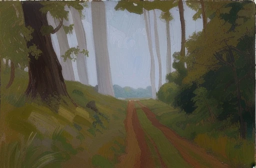 painting of a dirt road in a forest with trees and grass, painting of a forest, inspired by Béni Ferenczy, inspired by Milton Avery, inspired by Lois Dodd, forest path, distant forest, inspired by William Langson Lathrop, inspired by Noémi Ferenczy, by Clarice Beckett, on forest path, inspired by Fairfield Porter