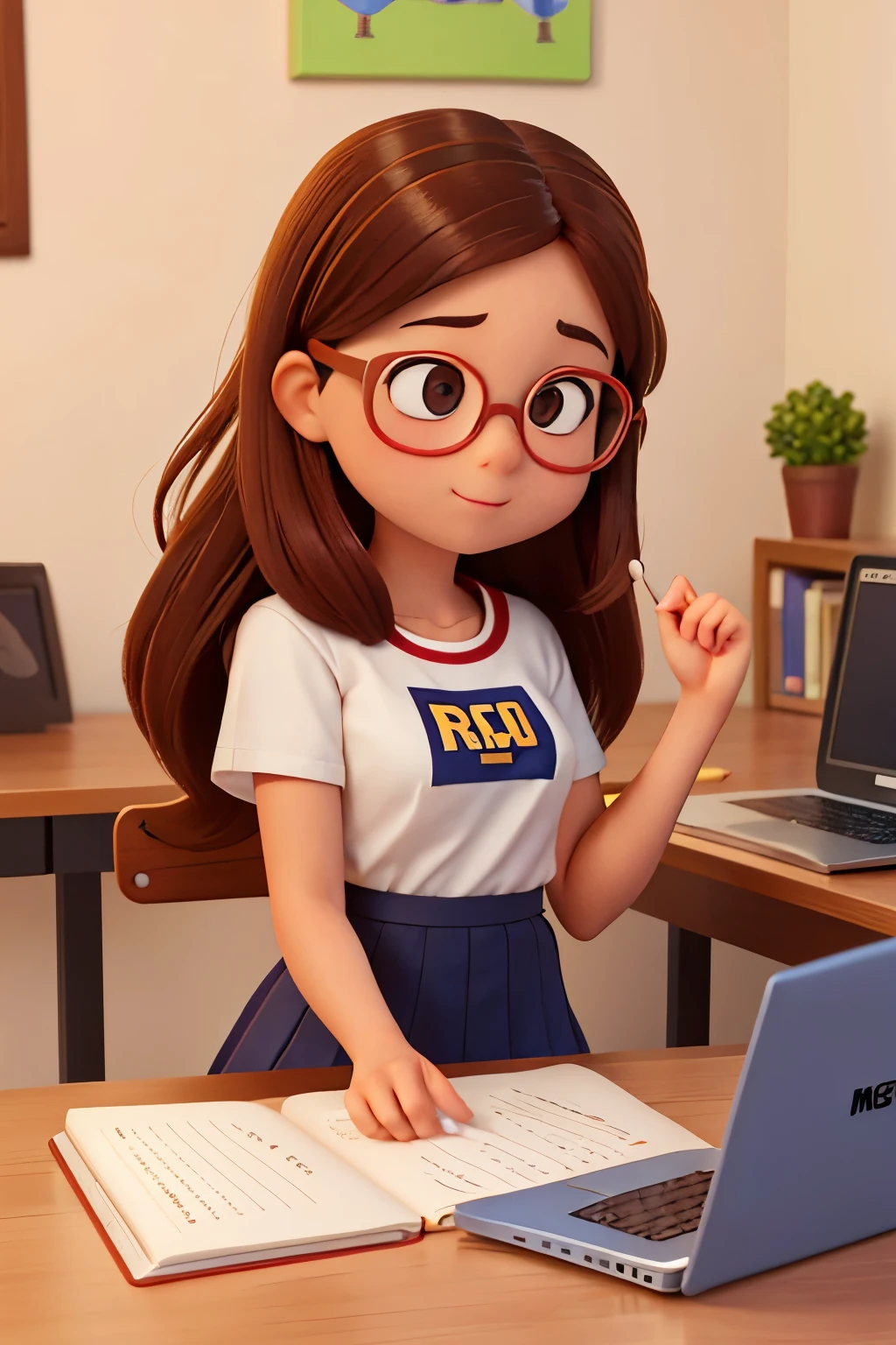 university girl in glasses with shoulder length brown colored hair, white official university shirt, only face and shoulders view, pixar style, kawaii style, looking in laptop, typing on laptop