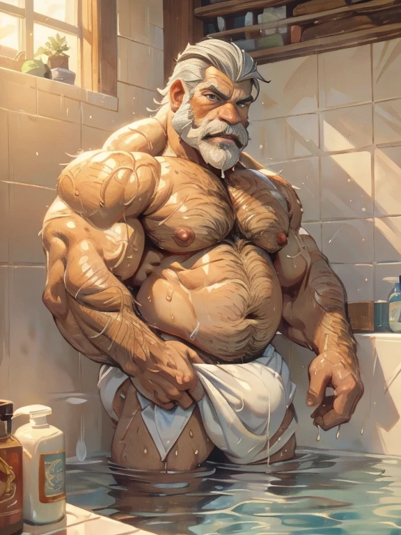 burly virile hairy man, a himbo muscle daddy, middle-aged dilf, hirsute, overmuscular and musclebound, bulging veiny muscles, bushy beard and thick mustache, grey hair, a bodybuilder's physique, a warrior's build, chest and belly covered with a lush and thick carpet of hair, hairy chest, hairy abs, hairy arms and legs, wet and covered in bubbles and white foam as he washes himself in the public bath, scrubbing his body