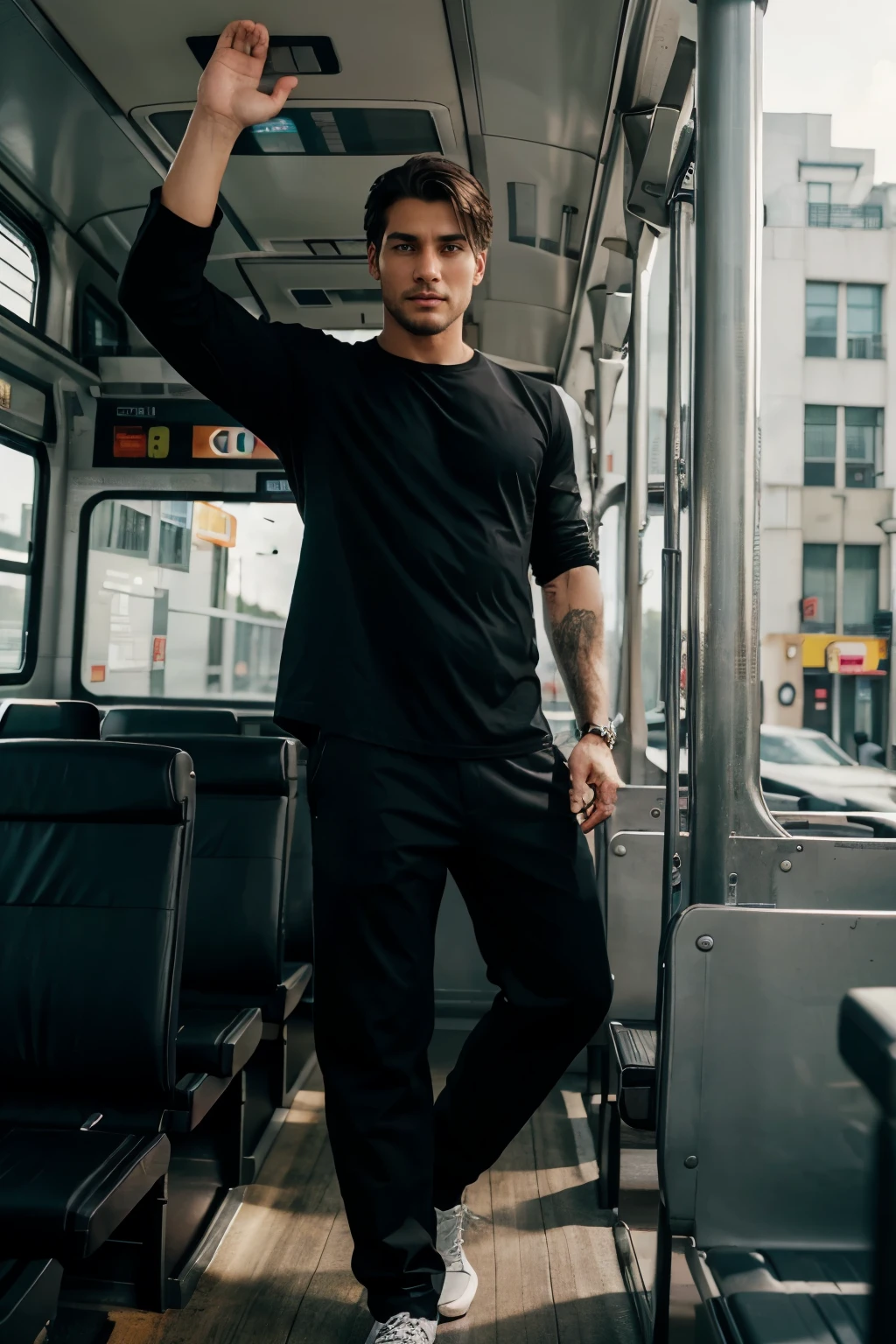 A handsome man wearing a black shirt and long pants stands on a bus with his hands raised high.