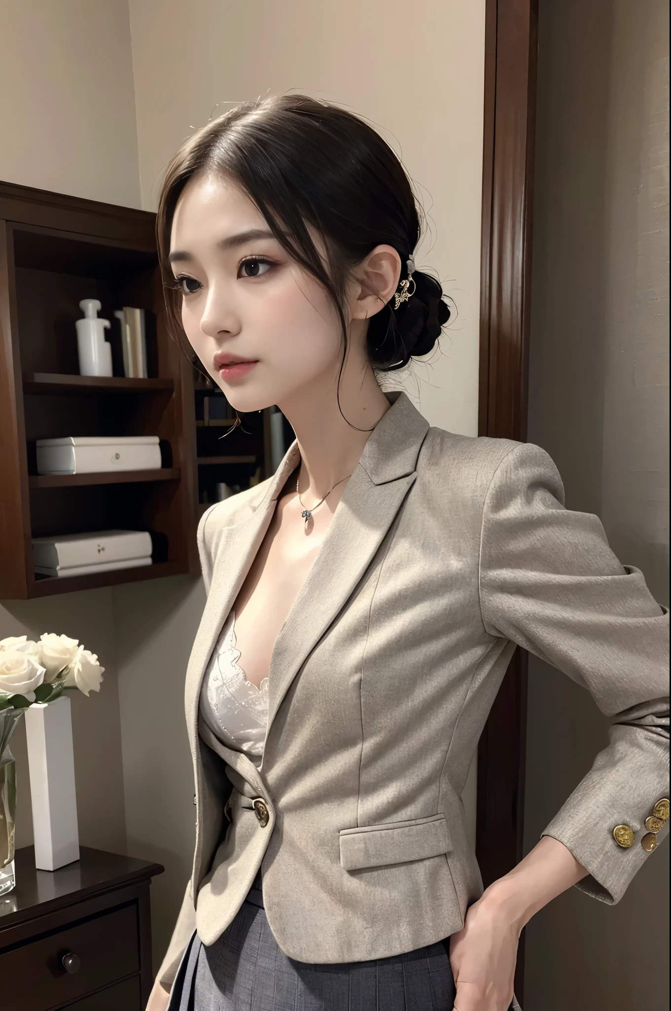neckless,ring,((small breast)),realistic,(ultra quality:1.2),50yo japanese,high quality,masterpiece,(ultra detailed:1.4),japanese lady,beautiful eye,beautiful face,(realistic bra:1.1),((living room)),(slender:1.3),highres,make up,(skirt suit:1.3),real background,