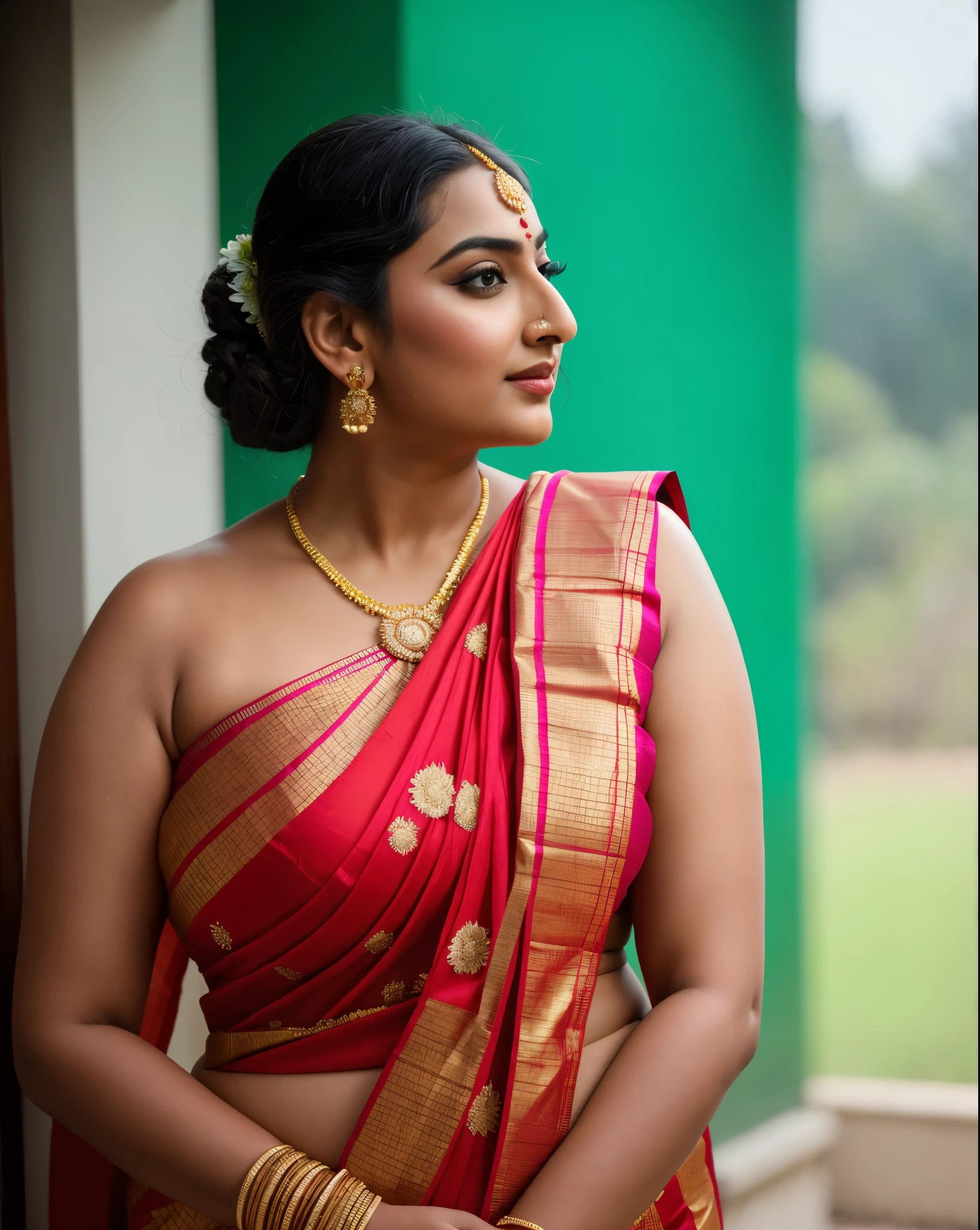 Foto RAW, photorealistic, photography, full body shot, master shot, perfect eyes, goddess like beauty, pierced eyes, perfect thick chubby mallu Desi aunty bhabhi, Wearing a Stanapatta, a chest-band.Saree model, model Photography, Indian saree shoot, Indian traditional wear advertising photography, traditional wear brand shoot, face of Indian actress Sonakshi Sinha, masterpiece, realistic, realism, incredible details, pleasure, photorealism, detailed skin, skin pores, high contrast, photorealistic Artstation 8k HD digital art trend of high definition and detailed realistic skin texture, ultra detail, realistic skin texture, armature, best quality, ultra high definition, (photorealistic:1.4),, high resolution, detail, raw photo, sweat, Re sharp, by Lee Jefferies Nikon D850 Film Stock Photo 4 Kodak Portra 400 Camera F1.6 Lens Rich Color Ultra Real Realistic Realistic Textures Dramatic Lighting Unreal Engine Trending at Art Station Cinestill 800,(pele altamente detalhada: 1.2), 8k UHD, DSLR, soft-lighting, alta qualidade, grain of film, Fujifilm XT3,she didn't like to wear blouse or bra, she is happy to wear only saree, she hates blouse or bra, detailed hairy armpits, hyper realistic skin, skin pores, sweat, veins,
