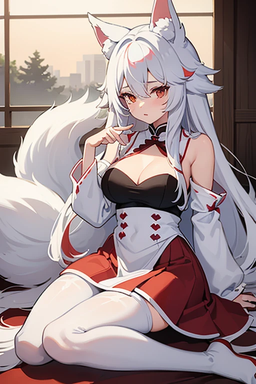 1girl, white hair with red streaks, long hair, very big kitsune ears, tail, long white pantyhose, big things,