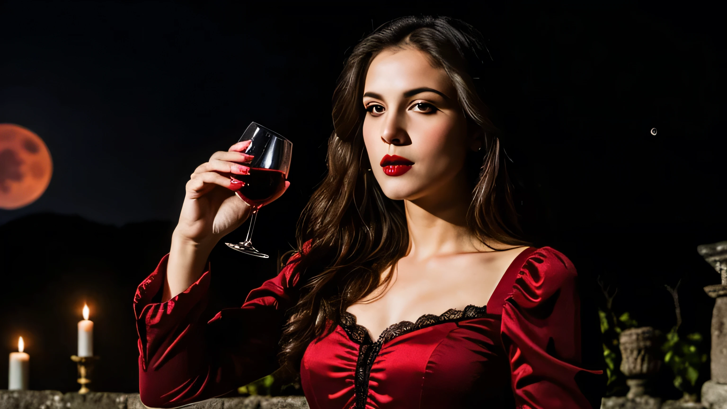 ((best quality)), ((masterpiece)), (detailed), woman vampire drinking blood from the wine glass, outside, ruins in background, blood moon, night