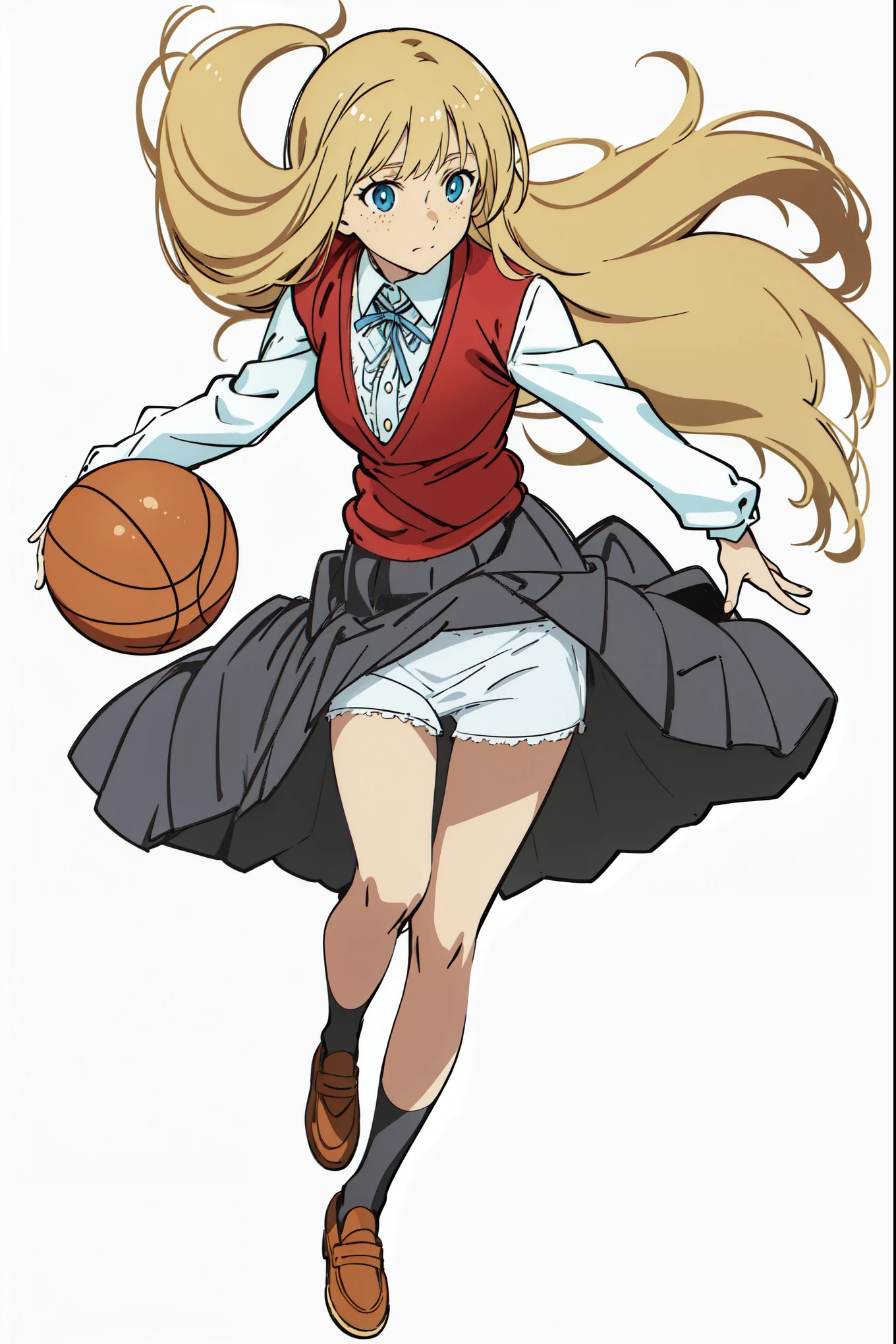 (best quality:1.0), (masterpiece:1.0), (super fine illustration:1.0), (beautiful artwork:1.0), (anime screencap:1.0), (official art:1.0), (playing basketball:1.0), (detailed white cotton frilled panties:1.0), (best quality:1.0), (masterpiece:1.0), (super fine illustration:1.0), (beautiful artwork:1.0), (anime screencap:1.0), (official art:1.0), (european:1.0), (cheerful:1.0), (white background:1.0), (best quality:1.0), (masterpiece:1.0), (super fine illustration:1.0), (beautiful artwork:1.0), (anime screencap:1.0), (official art:1.0), (solo:1.0), (european:1.0), (a 18yo cute girl:1.0), (long skirt:1.0), (black skirt:1.0), (pleated skirt:1.0), (red knit vest:1.0), (white long sleeve collared shirt:1.0), (blue neck ribbon:1.0), (loafers:1.0), (black socks:1.0), (ideal ratio body proportions:1.0), (lanky:1.0), (tall:1.0), (slender:1.0), (small breasts:1.0), (smaller face:1.0), (tareme:1.0), (freckles:1.0), (detailed beautiful eyes:1.0), (detailed beautiful face:1.0), (glowing blue eyes:1.0), (long hair:1.0), (swept bangs:1.0), (blonde hair:1.0), (standing:1.0), (looking at viewer:1.0)