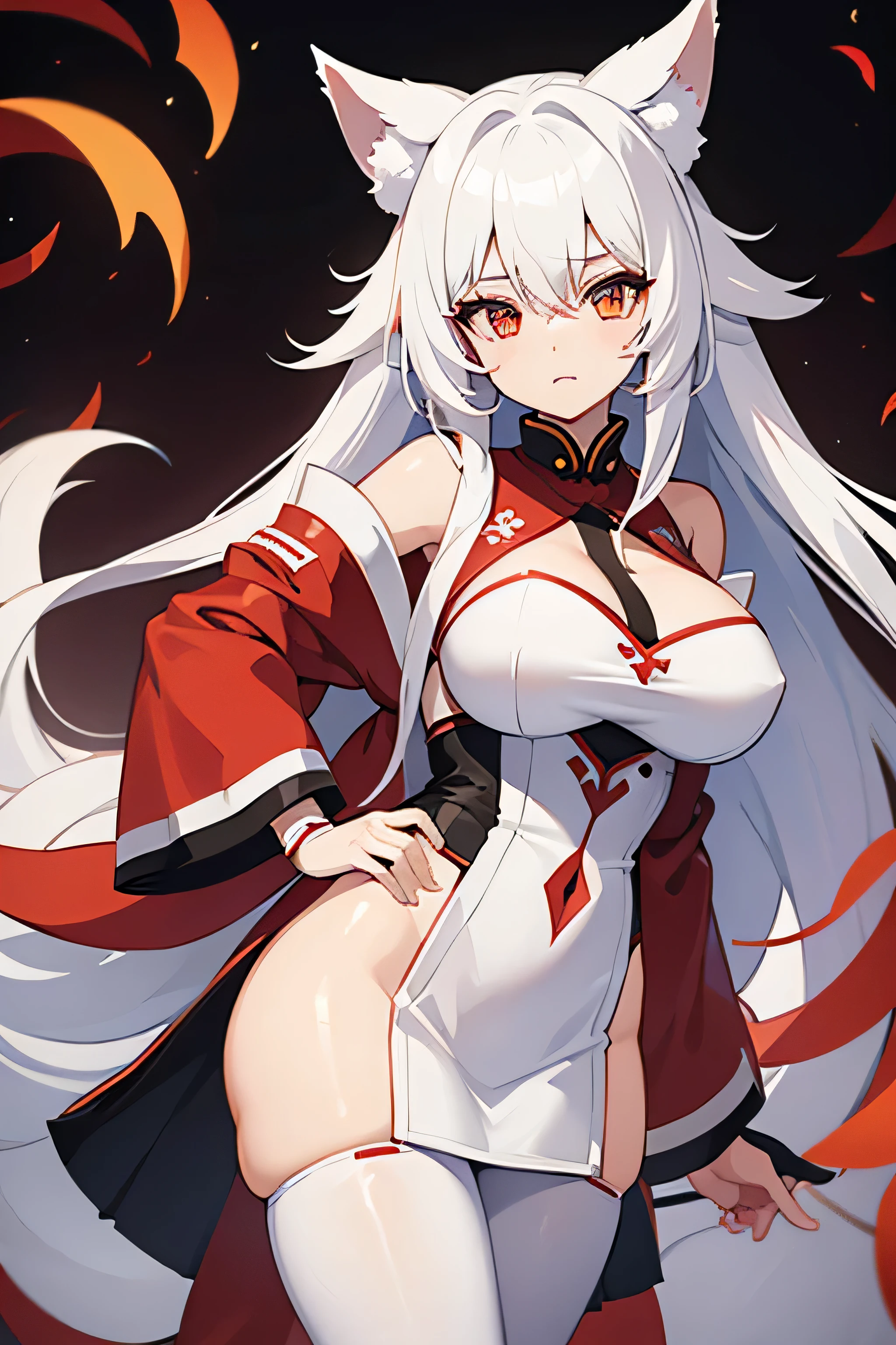 1girl, white hair with red streaks, long hair, very big kitsune ears, tail, long white pantyhose, big things,  