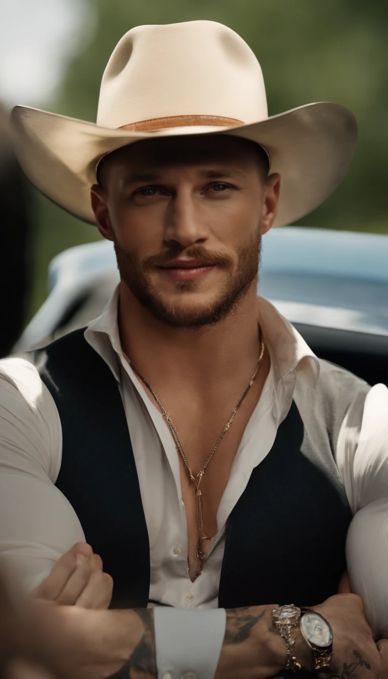 Imagen detallada de felicidad, young Tom Hardy smiled with wide eyes, la mirada de un tipo grande, desnudo sin camisa ni pantalones, y con un pene grande y detallado, pectorales definidos, renderizado fotorrealista, colores ricos,