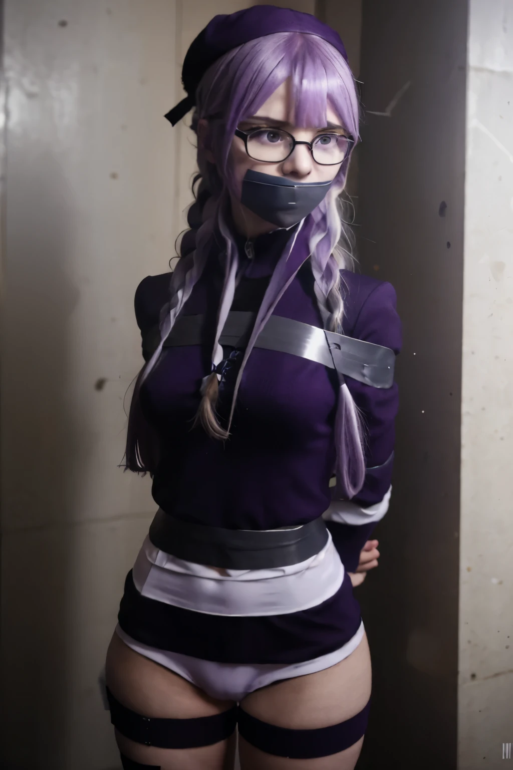 (absurdres, 8k, 4k, masterpiece, hyper extreme detailed:1.2), solo, front view portrait, best quality, portrait, solo, adult, cowboyshot, perfect anatomy, 1girl, perfect face, expressive eyes, perfect eyes, t-shirt, standing up, standing against wall, standing, kyoko kirigiri, (braid:1.1), hair behind ear, long hair, (side braid:1.1), light purple hair, hair ribbon, ribbon, (purple eyes:1.1), sweater, casualwear, baseball cap, glasses half body, dynamic pose, forward view, looking at viewer, stoic, uninterested, bound, bondage, (arms behind back:1.4), bdsm, tape gag, tape, tape bondage, close-up, restrained, best anatomy, half body, taped thighs, taped legs, legs together, tape wrapped, wrap gag, tightly bound, tape wrapped around face, standing, aakyoko, long hair, purple hair, side braid, blunt bangs, hair ribbon, black ribbon, danganronpa \(series\),