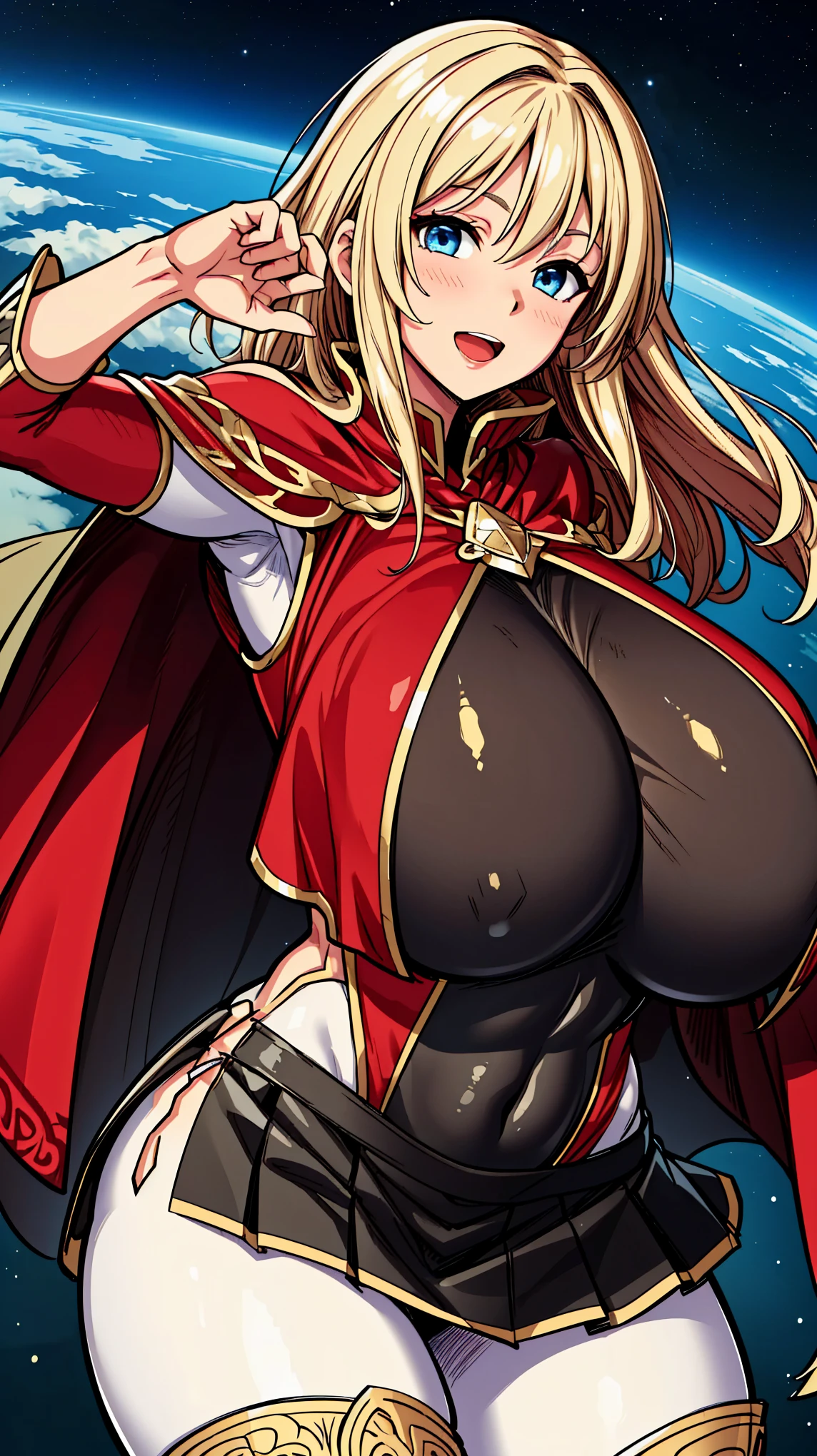 masterpiece, highest quality, Top quality, blue eyes, Stunning proportions, smile, Realistic, Beautiful female, white and dark red (((intricate bodysuit))), armpit, (((tight body))), ((mini skirt with frill)), cape, fighting pose, gold Hair, Intricate details, ((((sagging massive Breasts)))), open mouth, blush, in space at future, sparking stars,