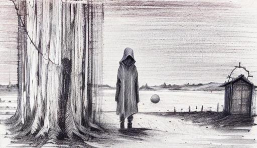 drawing of a person standing in front of a fence with a ball, sketch of a lucid dream, 'lone dark figure'!!, desolate. digital illustration, surreal drawing, sense of mystery and loneliness, distant hooded figures, dramatic illustration, loneliness,  and sad, slenderman in the woods, an ominous fantasy illustration, sadness, sadness personified