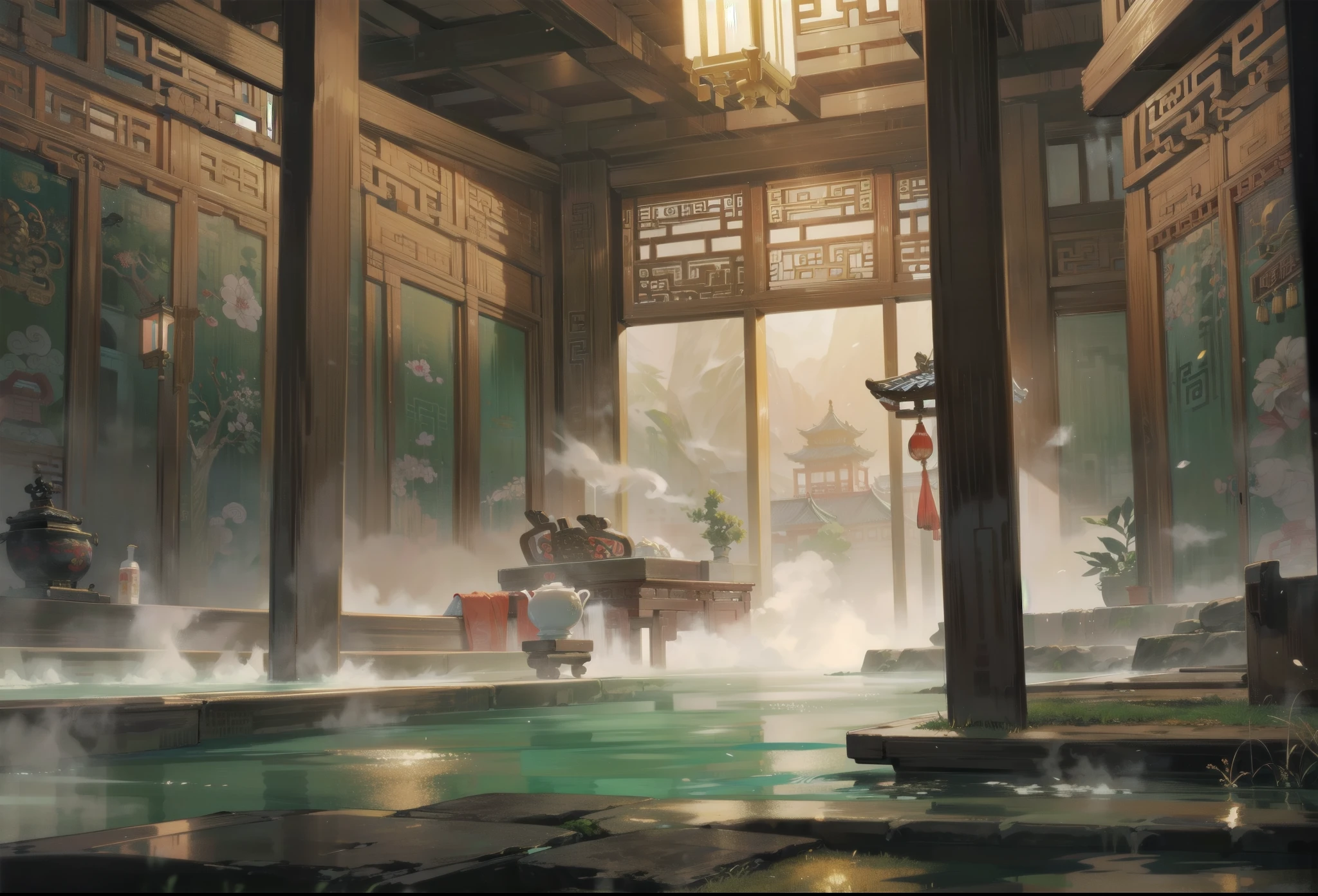 ancient chinese palace, chinese palace, detailed, scene, scenery, ancient china, beautiful scene, luxury, beautiful palace, chinese palace, indoors, throne room, inside, beautiful decorations, indoors, room, closed room, bathroom, steamy, water, palace bath house,