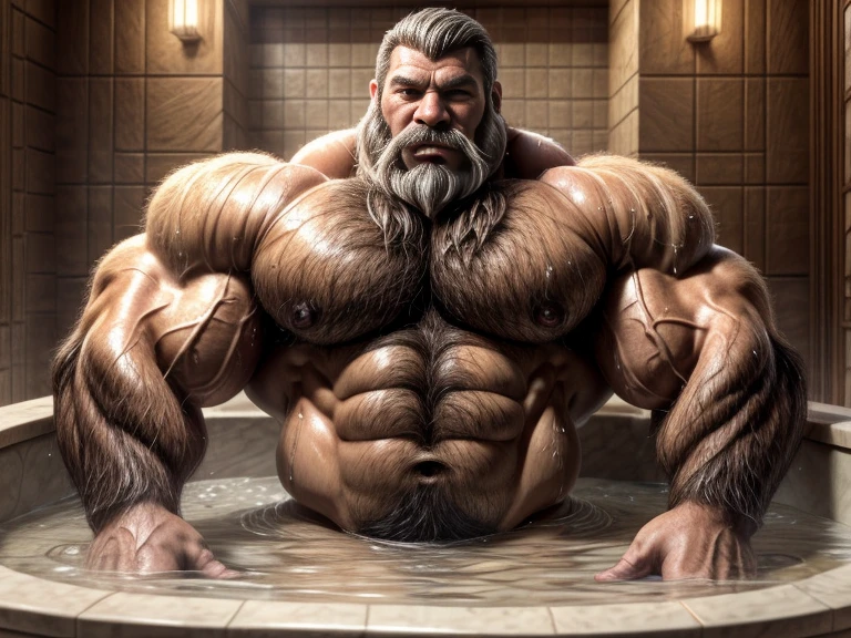 burly virile hairy man, a himbo muscle daddy, middle-aged dilf, hirsute, overmuscular and musclebound, bulging veiny muscles, bushy beard and thick mustache, grey hair, a bodybuilder's physique, a warrior's build, chest and belly covered with a lush and thick carpet of hair, hairy chest, hairy abs, hairy arms and legs, wet and covered in bubbles and white foam as he washes himself in the public bath, scrubbing his body