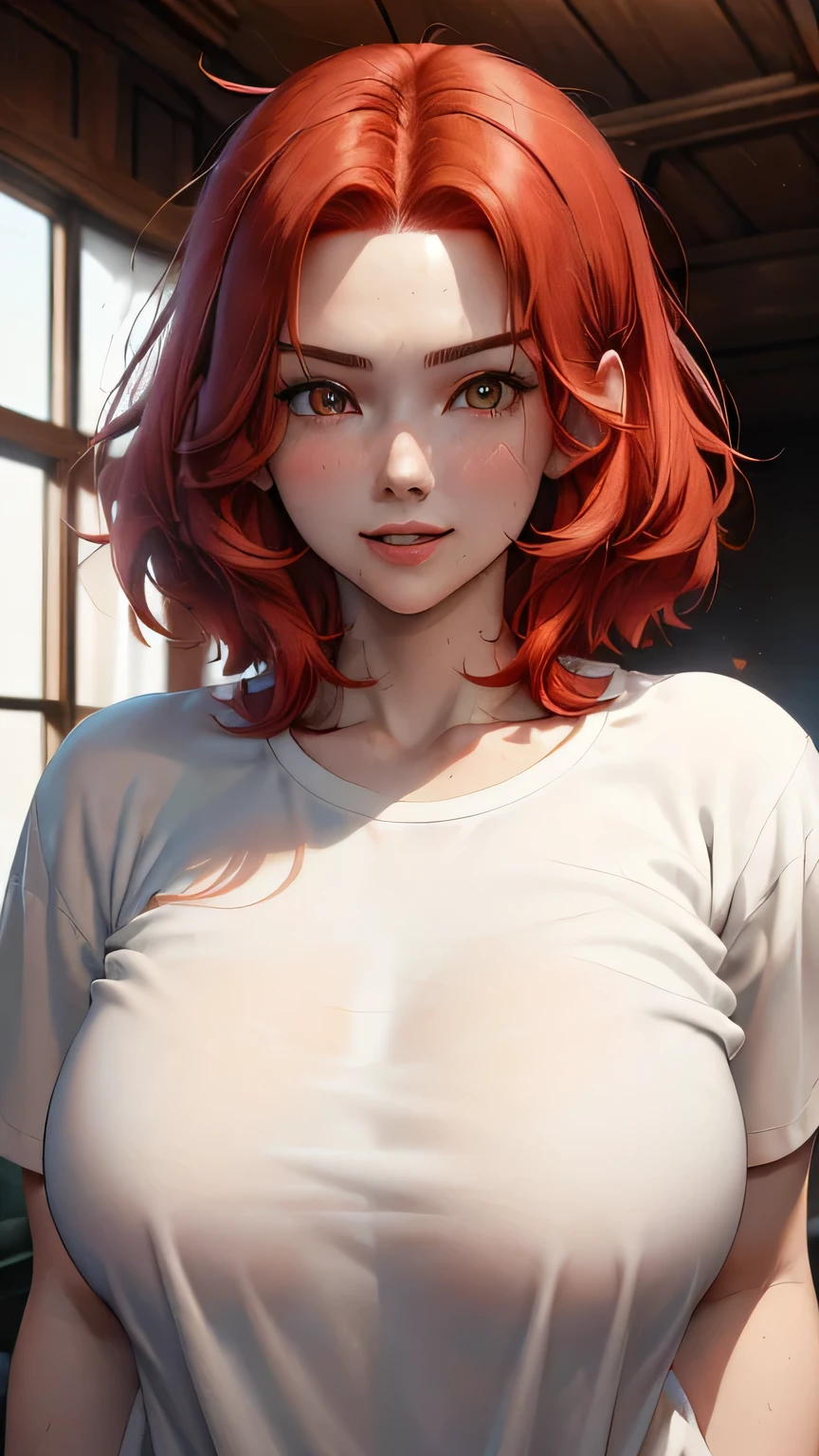 (masterpiece), best quality, 1female, 23 years old, she has short flowing light RED hair, hair straight, (short hair: 1.5), (red hair: 1.35), (messy hair), red eyebrows, (brown eyes: 1.35), (large breasts: 1.35), huge breasts, (thick thighs), wide hips, big chest, curvy girl, well shaped body, (white skin: 1.35), (((wearing sport clothing, black shorts and white baggy t-shirt))), (((plain t-shirt))), (loose t-shirt: 1.35), (living room, home, warm light background), (detailed background), 8k quality, wallpaper, high quality, Cinmatic lightning, happy, gentle face, expressive face, (detailed face), the face is well lit, (detailed eyes), beautiful eyes, (half-closed eyes), (grinning), big smile, (centered,scale to fit dimensions,Rule of thirds), highres,sharp focus,(ultra detailed,extremely detailed),(photorealistic artwork:1.37),(extremely detailed CG unity 8k wallpaper),(((vibrant colors,vibrant theme))), (white t-shirt: 1.35)