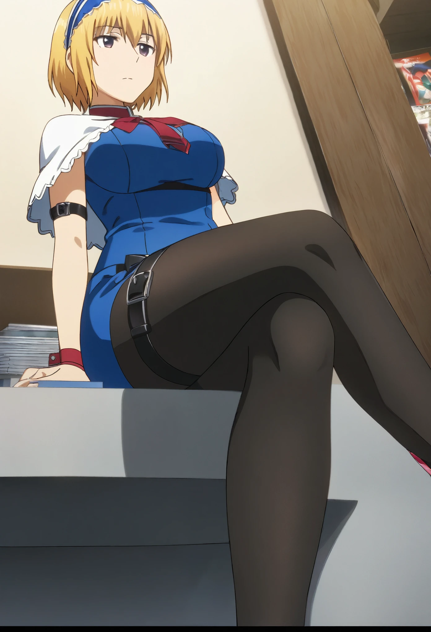 masterpiece, best quality, manga frame, artist:fukuro_(maruaru00), 1girl, solo, alice margatroid, blonde hair, short hair, hairband, blue dress, red ties, white capelet, large breasts, black pantyhose, high heels, pencil skirt, leg belt, arm belt, sitting with crossed legs, from below