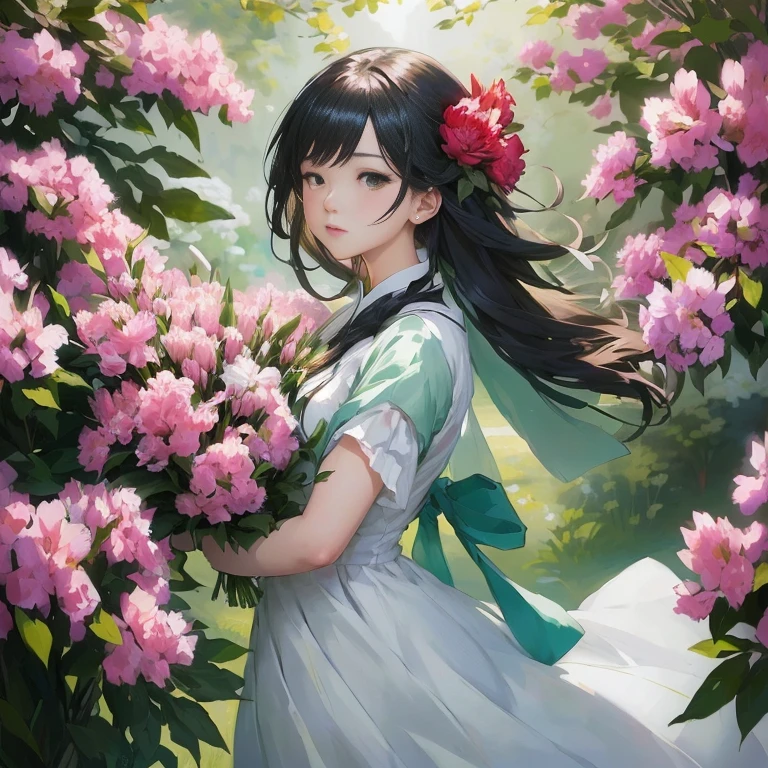 anime girl in a white dress holding a bunch of flowers, she is the center of the garden, official artwork, guweiz on pixiv artstation, guweiz, artwork in the style of guweiz, with flowers, official art, guweiz on artstation pixiv, beautiful anime portrait, girl in flowers, surrounded flower