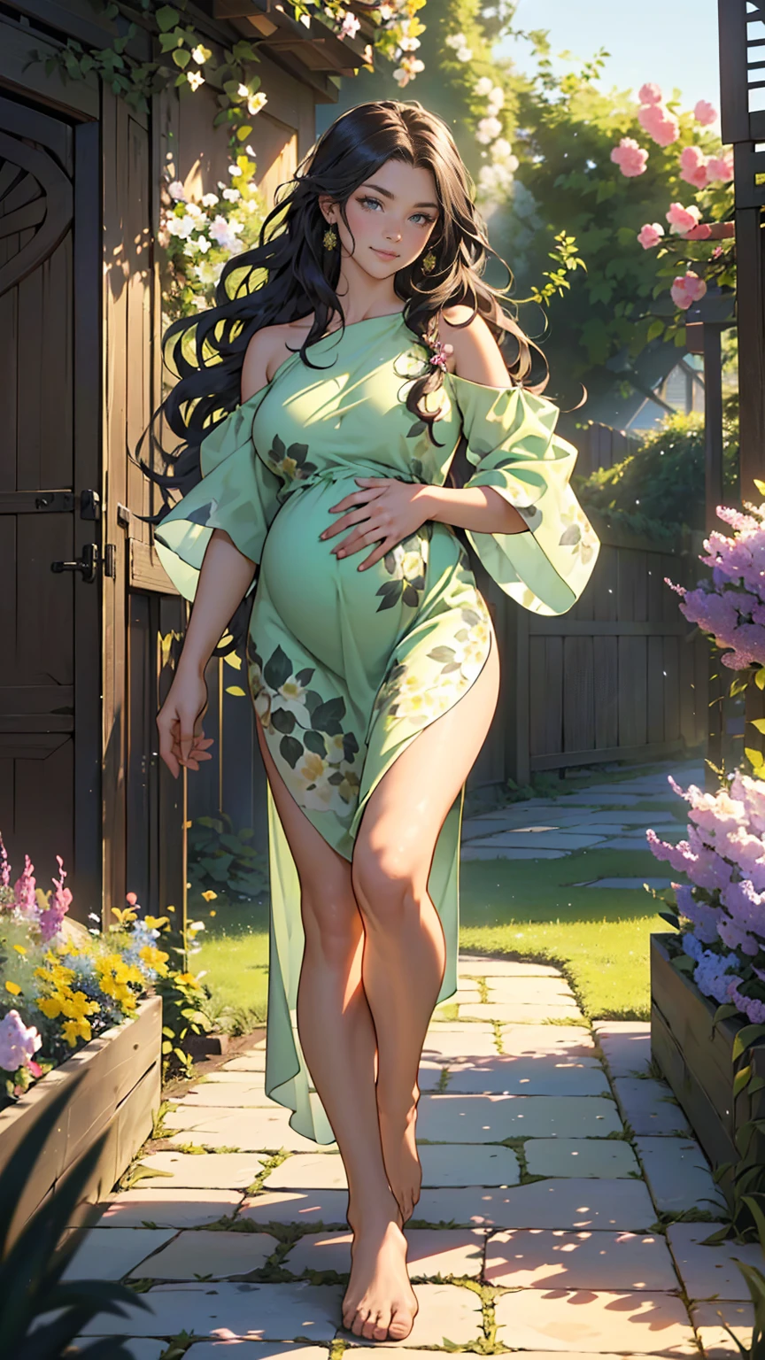 ((masterpiece, Best quality, a high resolution, ultra detailed),(Beautiful and aesthetically pleasing:1.2), detailed eyes and face, whole body, 1 woman, adult, (black long wavy hair), ((green eyes)), female body, Beautiful body, perfect body, flirtatious smile, ardent look, Loose flowy oversized dress in delicate color with print, bare feet, walk in the garden, Flower Garden, evening, golden hour, many flowers, apple trees bloom, Lilacs are blooming, short term pregnancy 