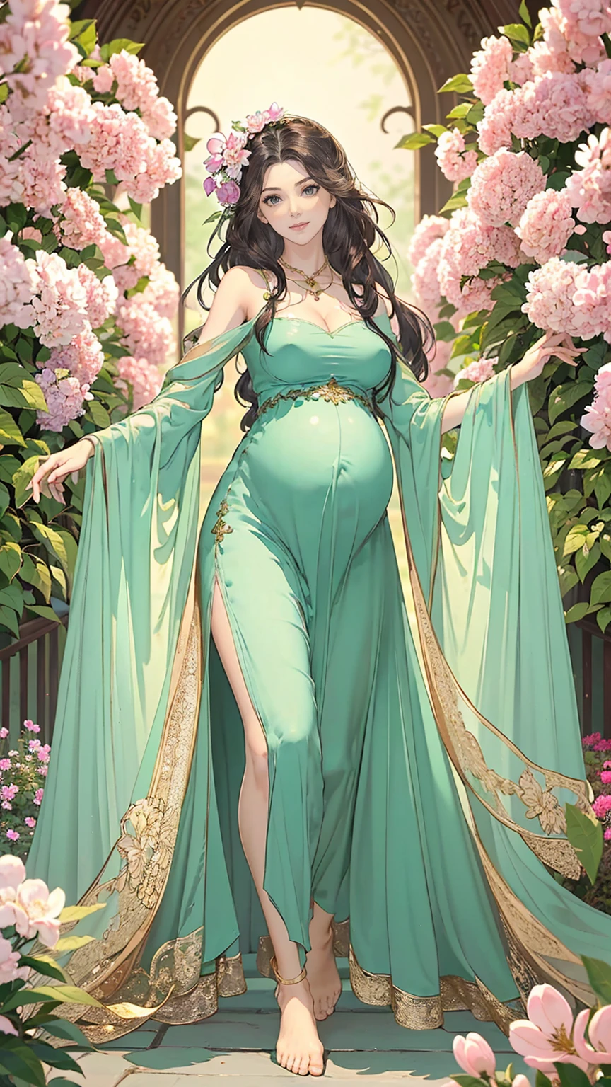 ((masterpiece, Best quality, a high resolution, ultra detailed),(Beautiful and aesthetically pleasing:1.2), detailed eyes and face, whole body, 1 woman, adult, (black long wavy hair), ((green eyes)), female body, Beautiful body, perfect body, flirtatious smile, ardent look, Loose flowy oversized dress in delicate color with print, bare feet, walk in the garden, Flower Garden, evening, golden hour, many flowers, apple trees bloom, Lilacs are blooming, short term pregnancy 