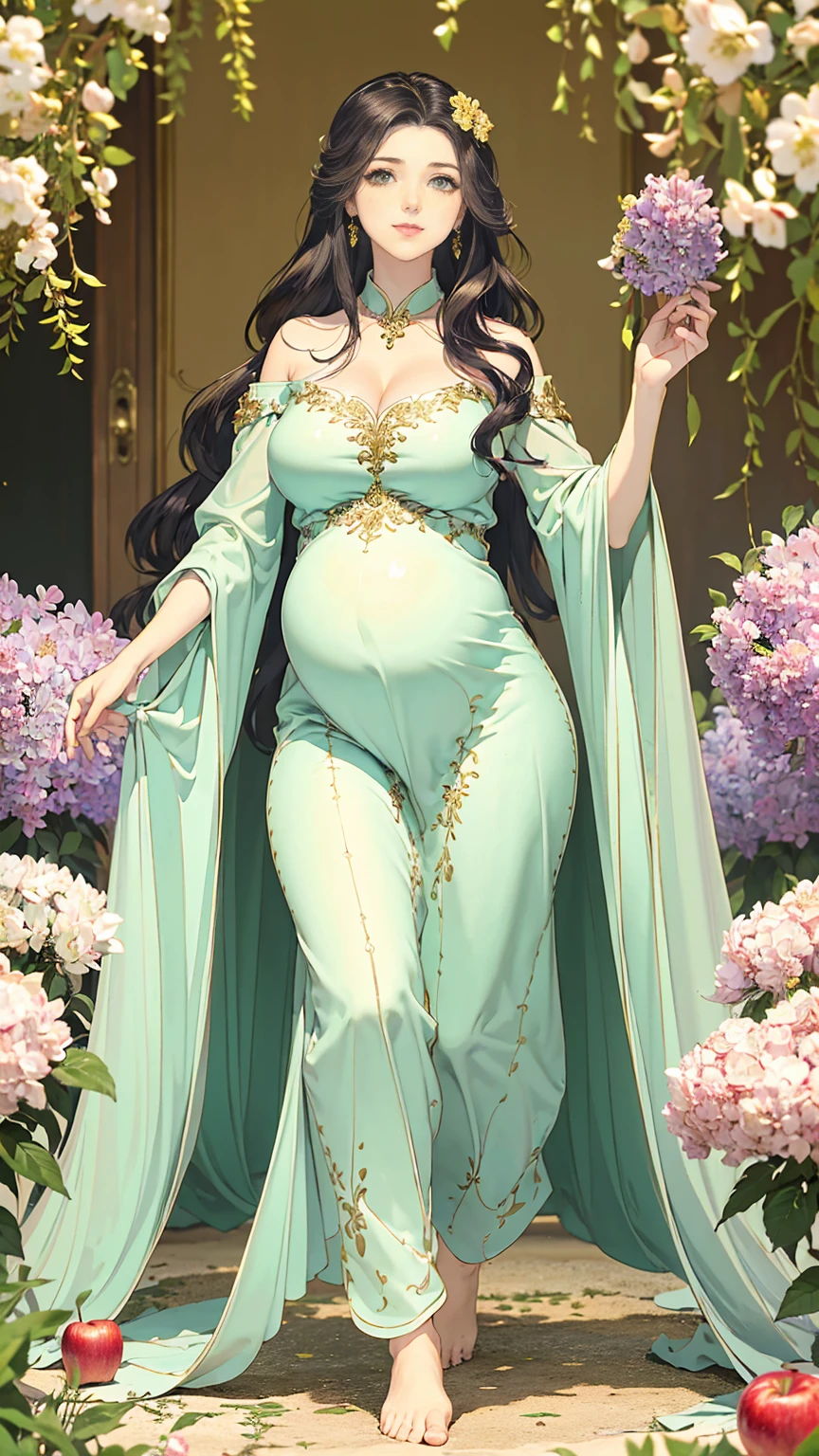 ((masterpiece, Best quality, a high resolution, ultra detailed),(Beautiful and aesthetically pleasing:1.2), detailed eyes and face, whole body, 1 woman, adult, (black long wavy hair), ((green eyes)), female body, Beautiful body, perfect body, flirtatious smile, ardent look, Loose flowy oversized dress in delicate color with print, bare feet, walk in the garden, Flower Garden, evening, golden hour, many flowers, apple trees bloom, Lilacs are blooming, short term pregnancy 