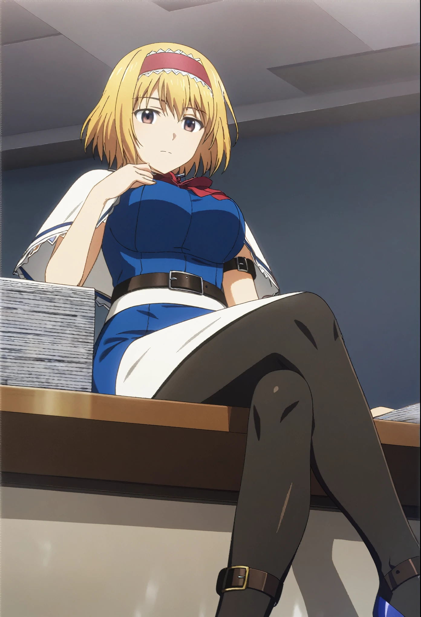masterpiece, best quality, manga frame, artist:fukuro_(maruaru00), 1girl, solo, alice margatroid, blonde hair, short hair, hairband, blue dress, red ties, white capelet, large breasts, black pantyhose, high heels, pencil skirt, leg belt, arm belt, sitting with crossed legs, from below