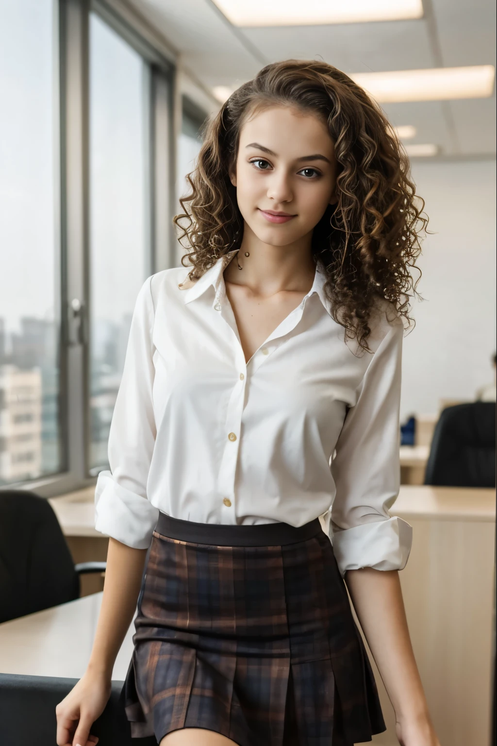 1 girl, skinny, thin, nubile, pretty, gorgeous, posing for picture, teen, teenager, young, youthful, curly hair, photo lighting, in office, skirt, blouse, flirting