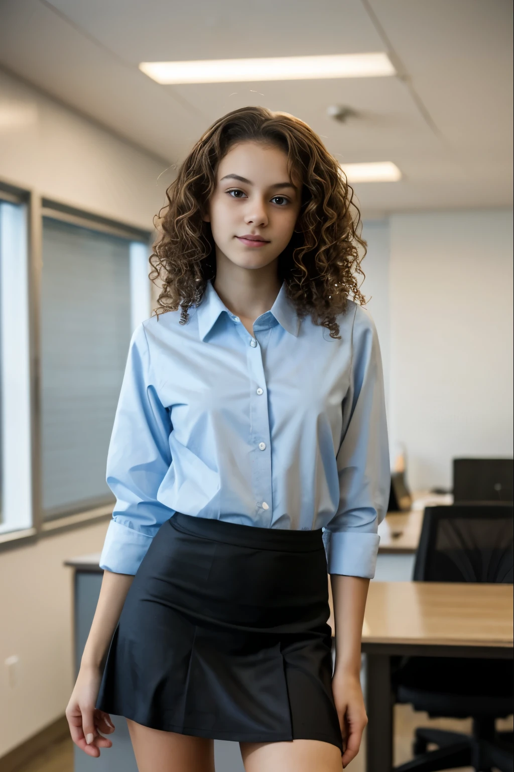 1 girl, skinny, thin, nubile, pretty, gorgeous, posing for picture, teen, teenager, young, youthful, curly hair, photo lighting, in office, skirt, blouse