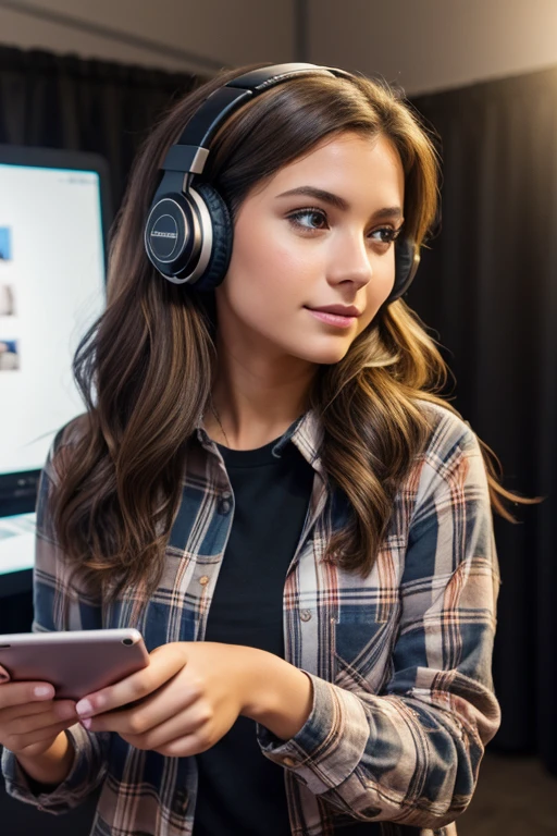 beautiful brunette with brunette highlights wearing a plaid shirt clothes, sound table with headphones highly detailed, 22 years old, innocent face, natural wavy hair, hazel eyes, Beauty 1 people, 1 people beauties, Casual clothes, A hyper-realistic, playing on the ipad expression backstage talking with a young people hiquality, Friends group, Nikon, Canon, Fujifilm, HD, 4K, 8k