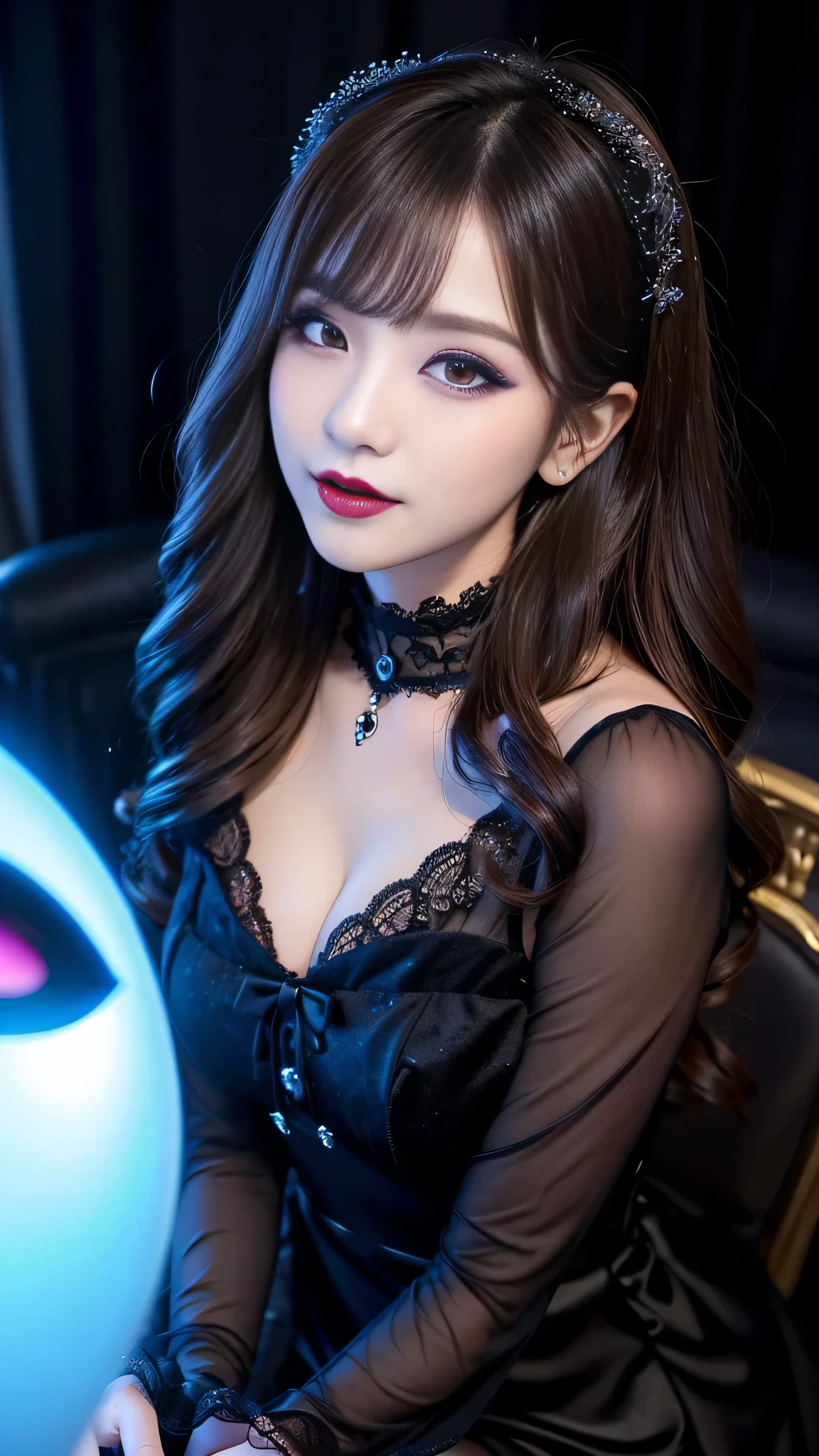 best quality、ultra-detailed、4k、Japanese、Seductive beauty、seductive adult woman、Pretty Woman、cool girl、Villainess、Brainwashed、brainwash、Fallen into evil、smirk、Evil look、Wicked Smile、evil、Brown hair、wavy hair、swept bangs、dark makeup、dark makeup、piercing eyes、hollow eyes,half-closed eyes、Hollow Eyes、purple Eyeshadow、black lipstick、black lipglos、Lace fabric、blue party dress、Wide sleeves、stockings、pantyhose、night、inside darkroom、Are standing、shoot from below、Make up、Makeup brushes、Have lipstick、Swear allegiance、I have pledged my allegiance、Seduce、
