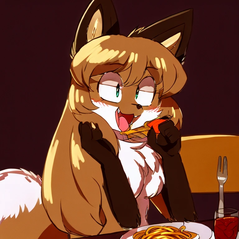 Nervous smiling, uploaded the e621, beautiful and detailed, woman (((female))) ((anthro)) Fox, (Averi, Fox girl), cinematic lighting, Fox, (anthro, fluffy fur, character focus:1.1), 1girl, anthro fox girl, body fur, curvy, sexy, nice, cute, hot, comfortable anime-style cartoon-style, digital drawing, SFW, flat chest, eating, spaghetti, eating spaghetti, fork, open mouth, fully open eyes, smiling, happy expression, sitting on chair, chain, simple background, table