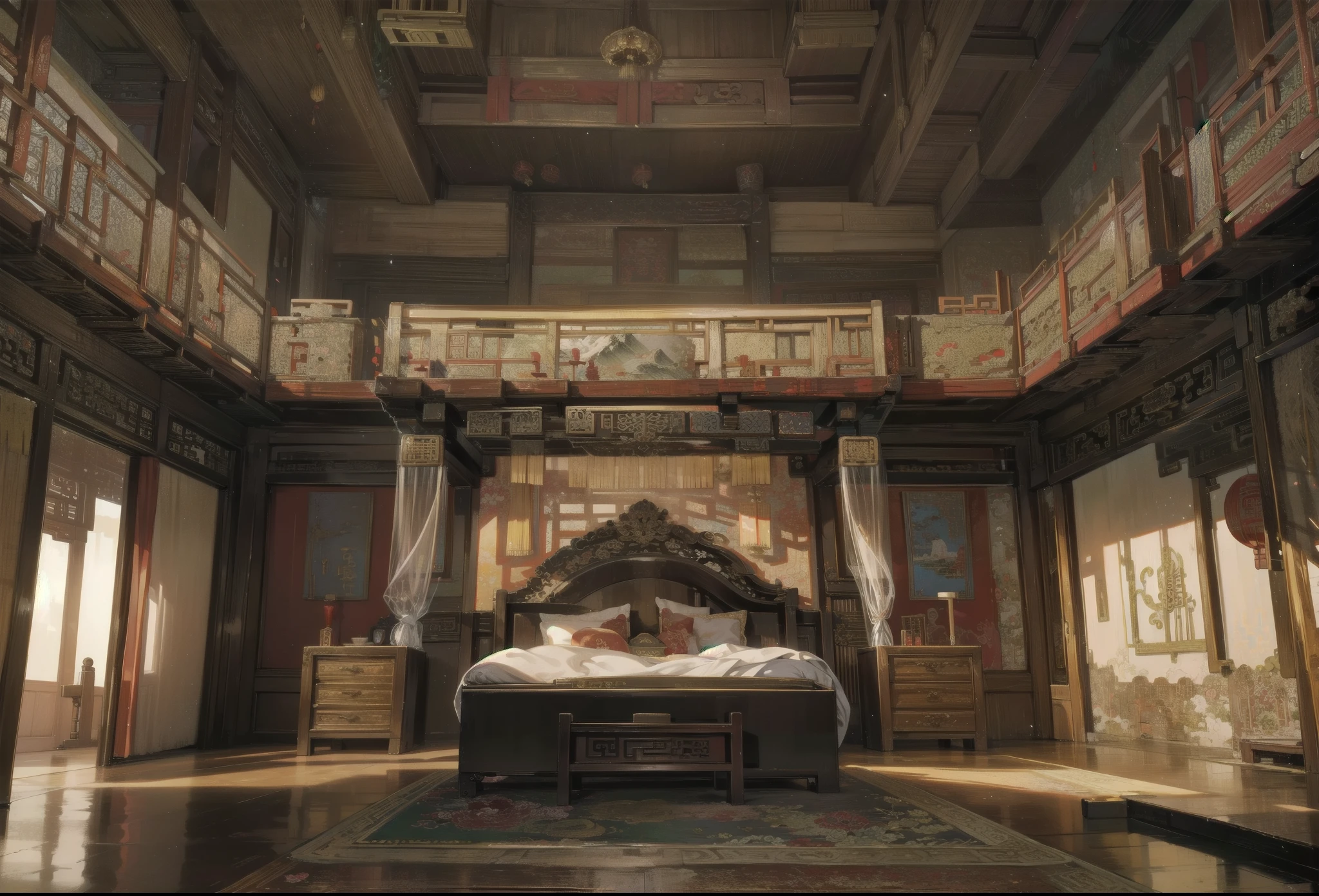 ancient chinese palace, chinese palace, detailed, scene, scenery, ancient china, beautiful scene, luxury, beautiful palace, chinese palace, indoors, inside, palace indoors, marital room, emperors marital room, bed, bedroom, luxurious bedroom, palace room, luxurious marital room, ancient chinese luxurious room, canopy, frontal view