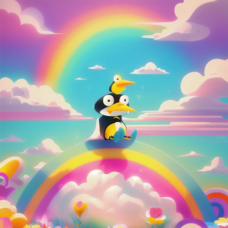 cartoon penguin sitting on a rainbow bridge with flowers and clouds, film still from an cartoon, cuphead, cartoon network stillframe, toon aesthetic, penguin surfing on a bong, inspired by Jacob Duck, animation film still, inspired by Taro Okamoto, daffy duck, anthropomorphic penguin, still of rainbow ophanim, takashi murakami art style