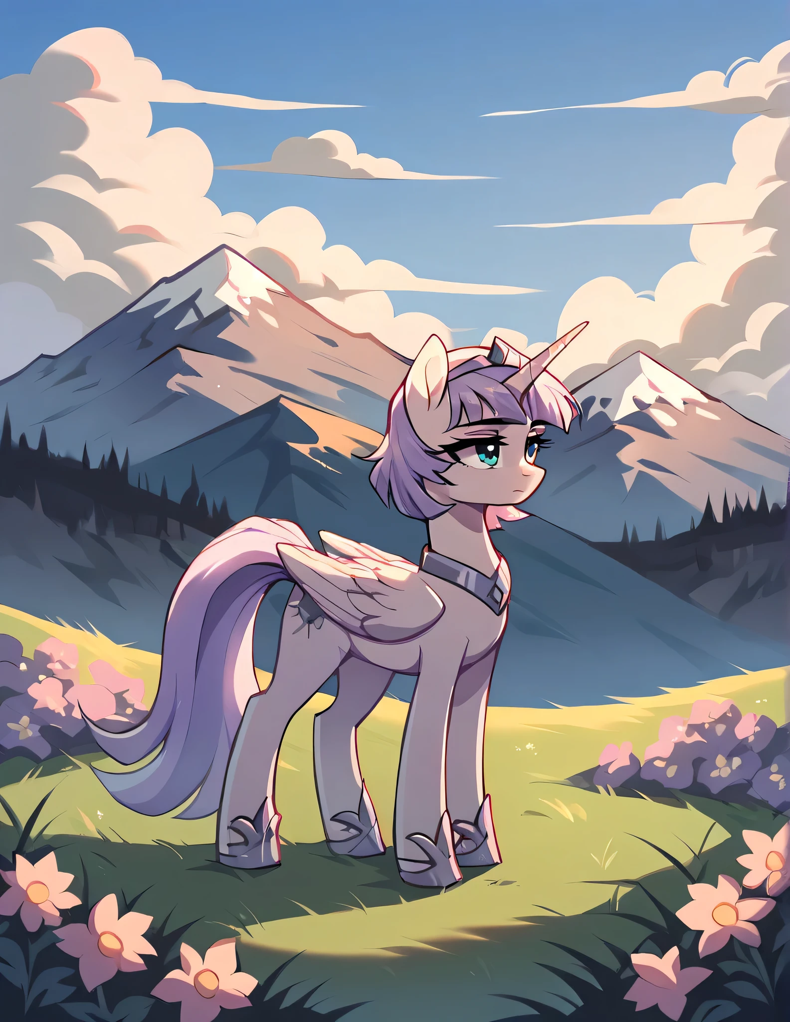 score_9, score_8_up, score_7_up, score_6_up, score_5_up, score_4_up,  feral pony, alicorn, (blank flank:1.1), (melfina:1), light purple hair, blue eyes, silver hairband, white dress, expressionless BREAK outdoors, mountain, day, sky, flower, mountainous horizon, blue sky, grass 